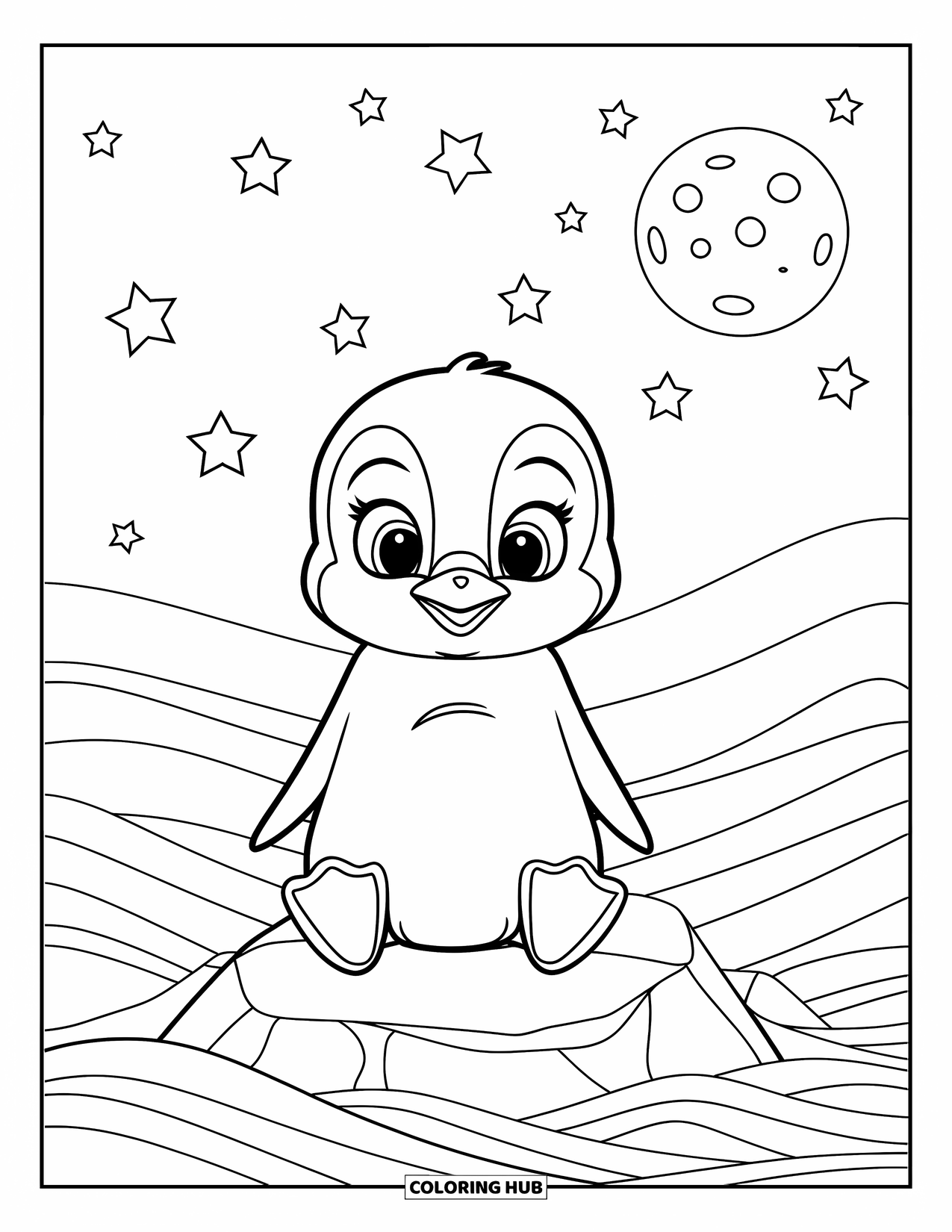 Kolorowanka z małym pingwinkiem dla dzieci: Mały pingwinek siedzi na skale pod rozgwieżdżonym niebem, otoczony przez fale oceanu