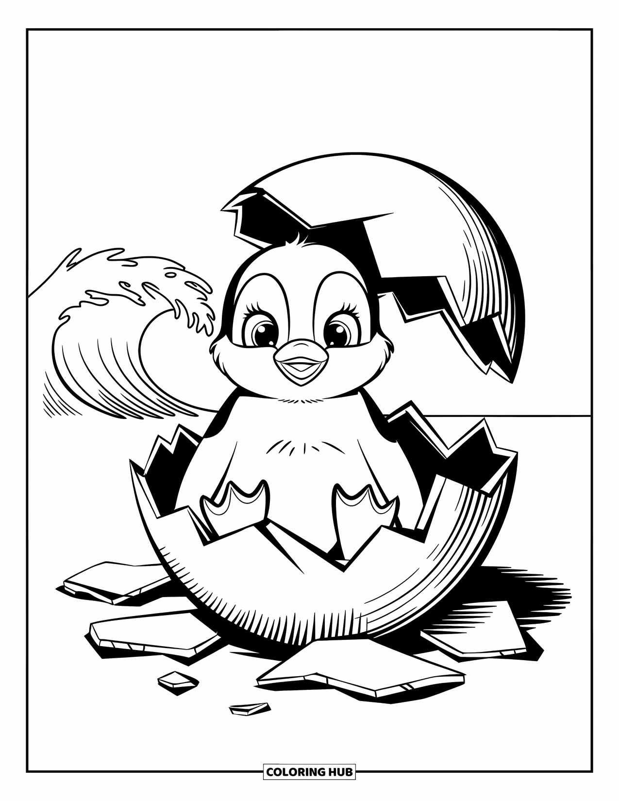 Kolorowanka z małym pingwinkiem dla dzieci: Mały pingwinek siedzi na skorupkach jajka, otoczony falami w tle