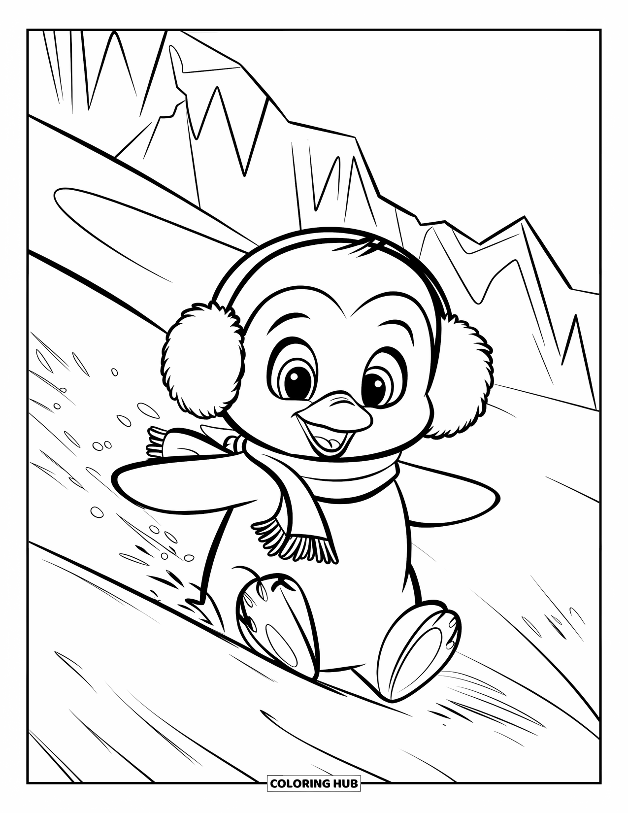 Kolorowanka z małym pingwinkiem dla dzieci: Mały pingwinek zjeżdża na sankach ze śnieżnego wzgórza w nausznikach i szaliku, otoczony górami