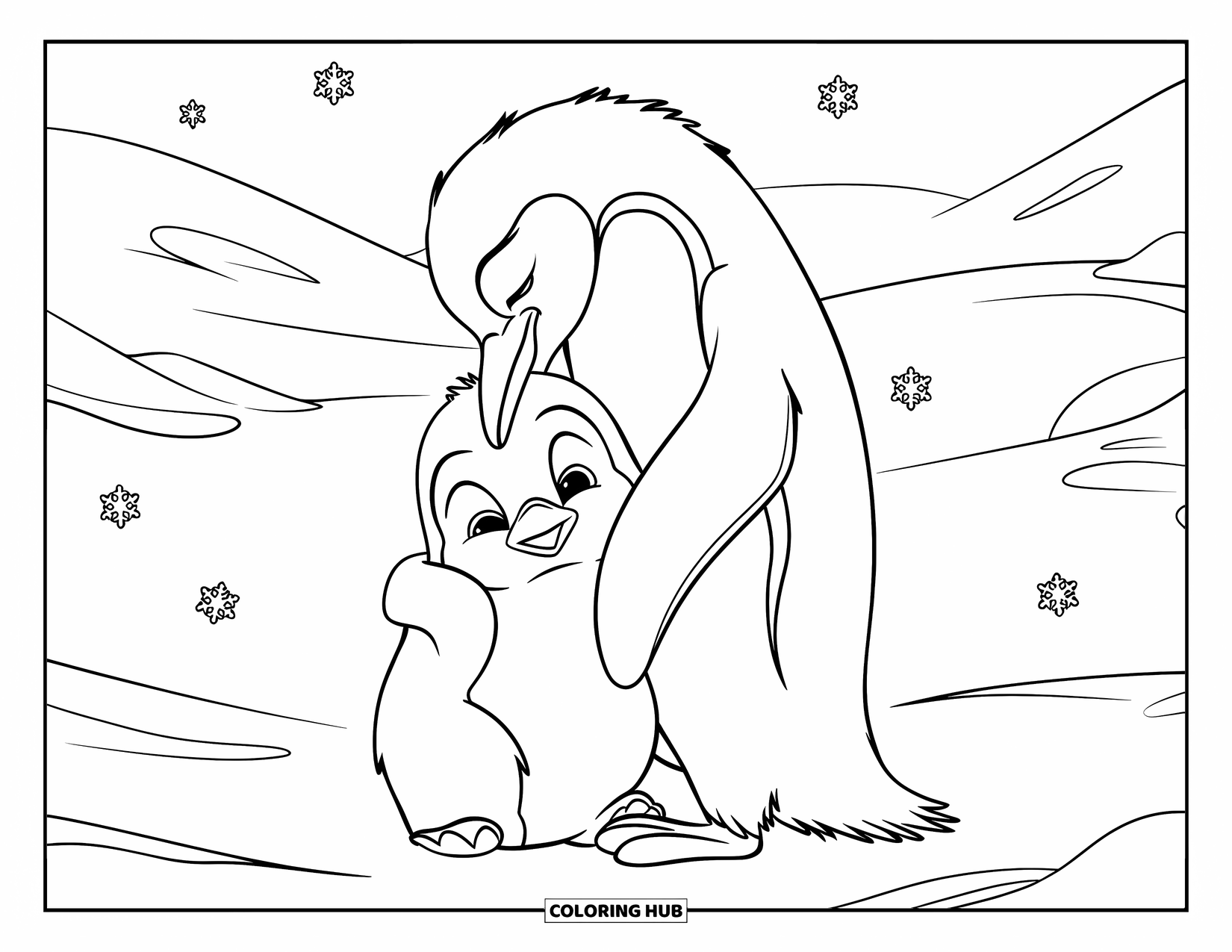 Kolorowanka z małym pingwinkiem dla dzieci: Mały pingwinek przytula się do rodzica w śnieżnym krajobrazie z delikatnie padającymi płatkami śniegu