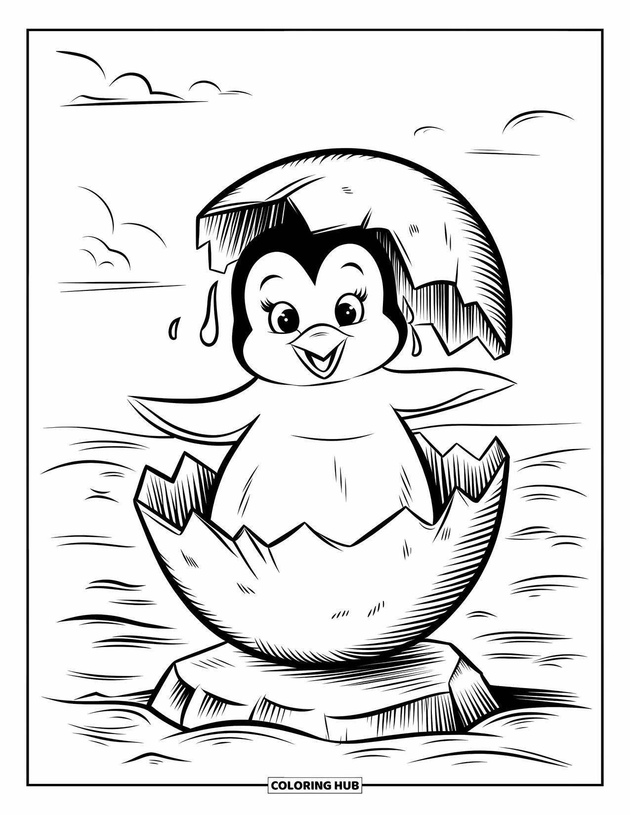 Kolorowanka z małym pingwinkiem dla dzieci: Mały pingwinek rozpościera swoje małe skrzydełka, wykluwając się z jajka na skale w morzu