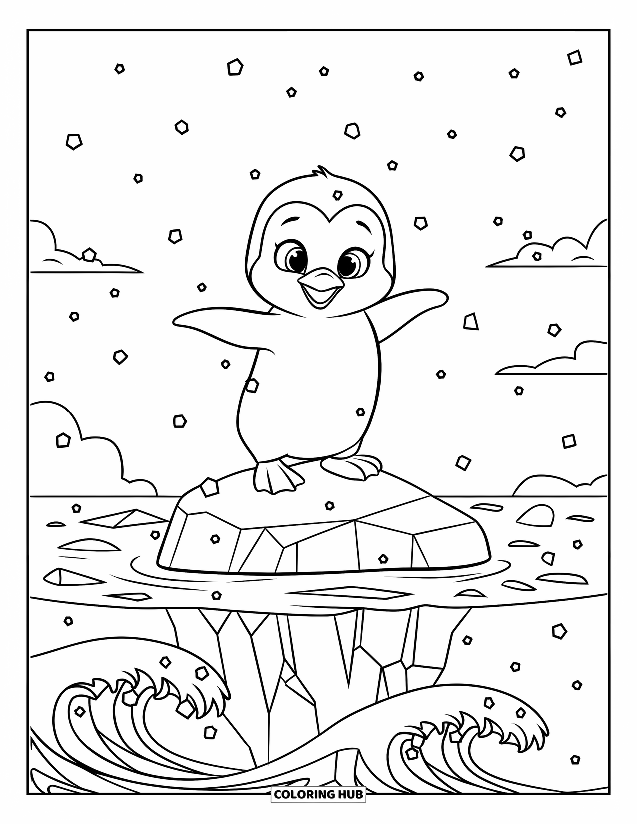 Kolorowanka z małym pingwinkiem dla dzieci: Mały pingwinek rozpościera skrzydła na szczycie góry lodowej, a fale oceanu toczą się w oddali