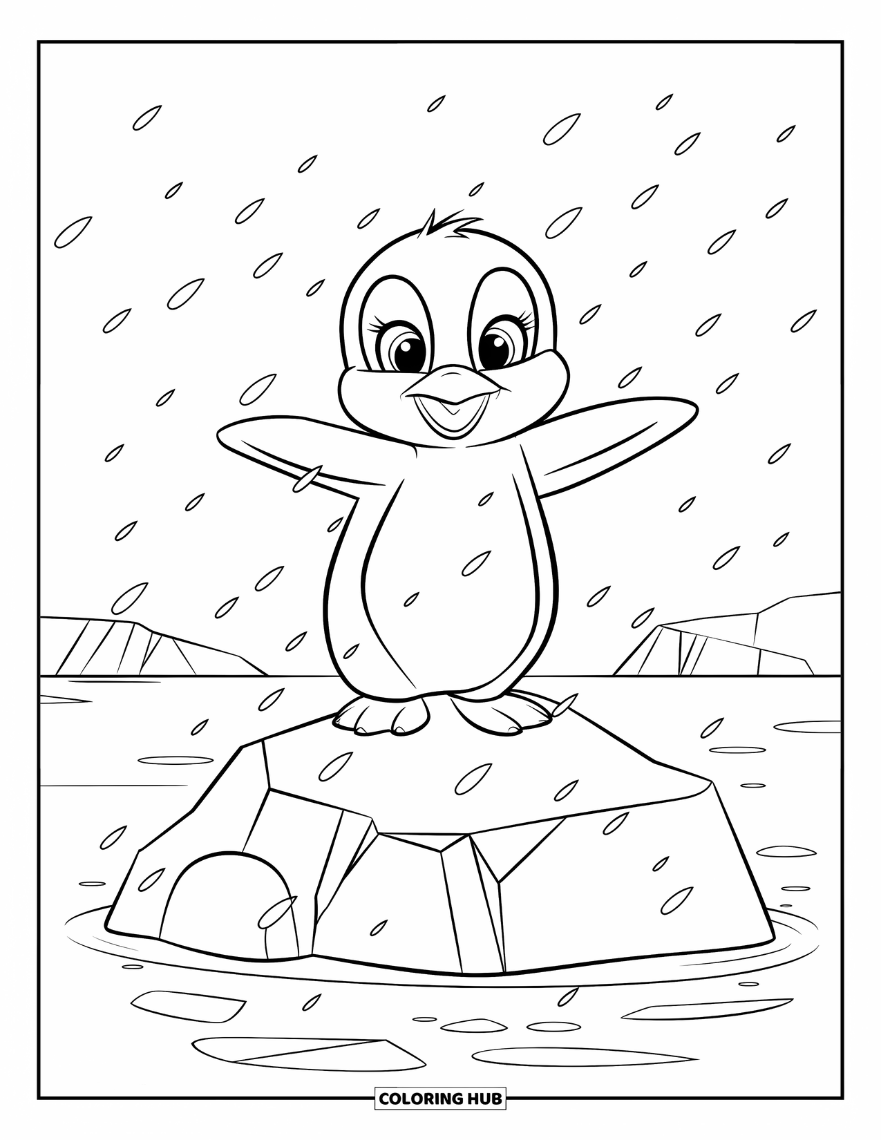 Kolorowanka dla dzieci: Mały pingwinek stoi na górze lodowej, z rozłożonymi ramionami, a wokół niego padają płatki śniegu