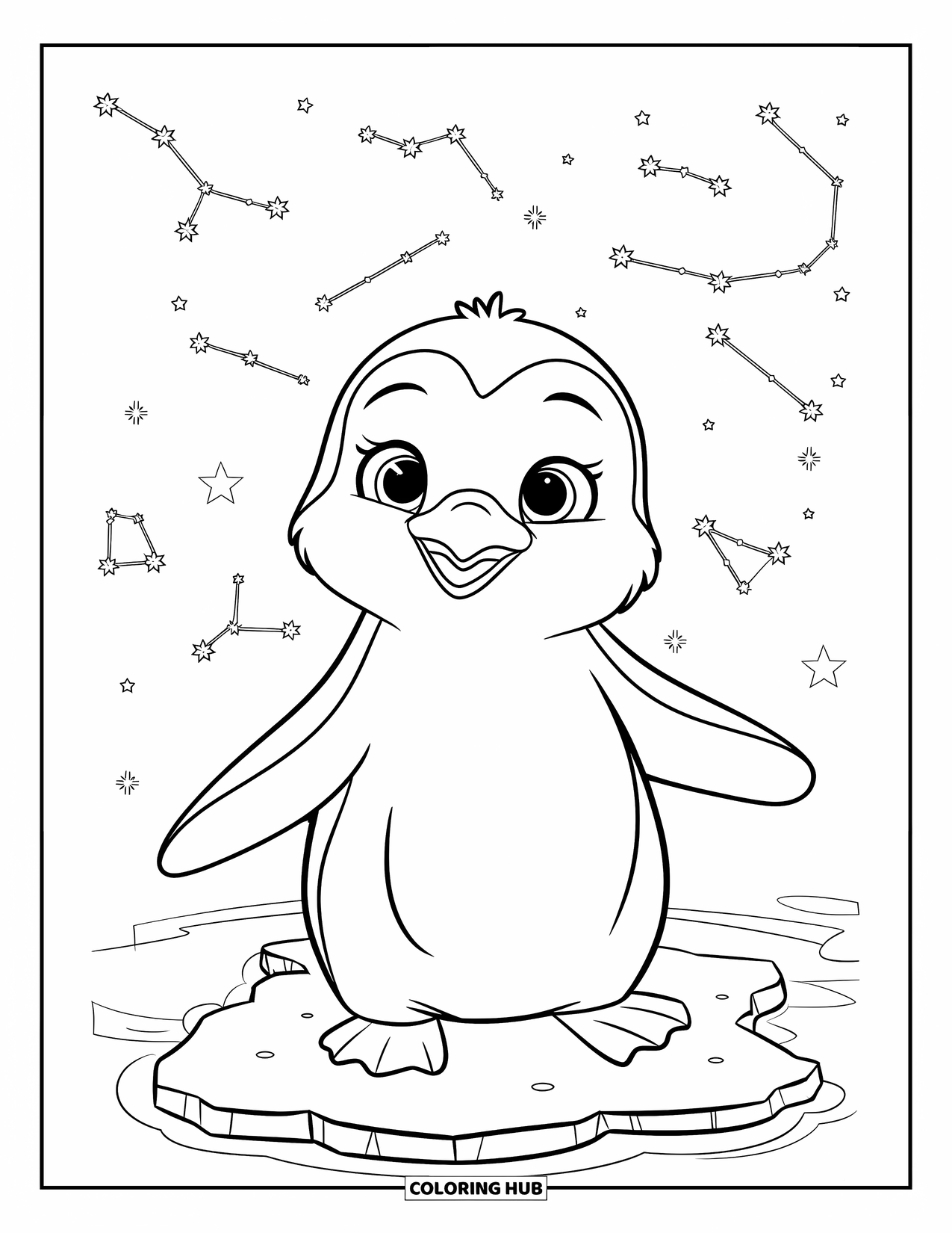 Kolorowanka z małym pingwinkiem dla dzieci: Mały pingwinek stoi na lodzie, zahipnotyzowany rozgwieżdżonym niebem i świecącymi konstelacjami