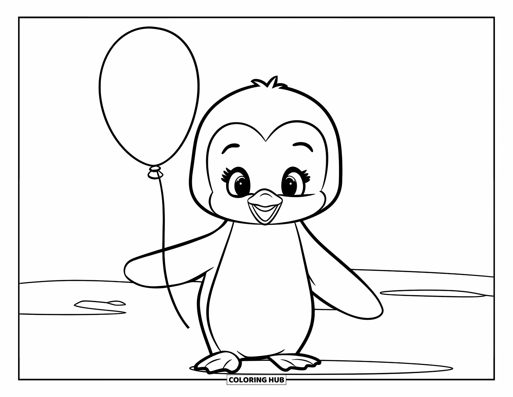 Kolorowanka z małym pingwinkiem dla dzieci: Mały pingwinek stoi na śniegu, trzymając balon z minimalnym i czystym tłem