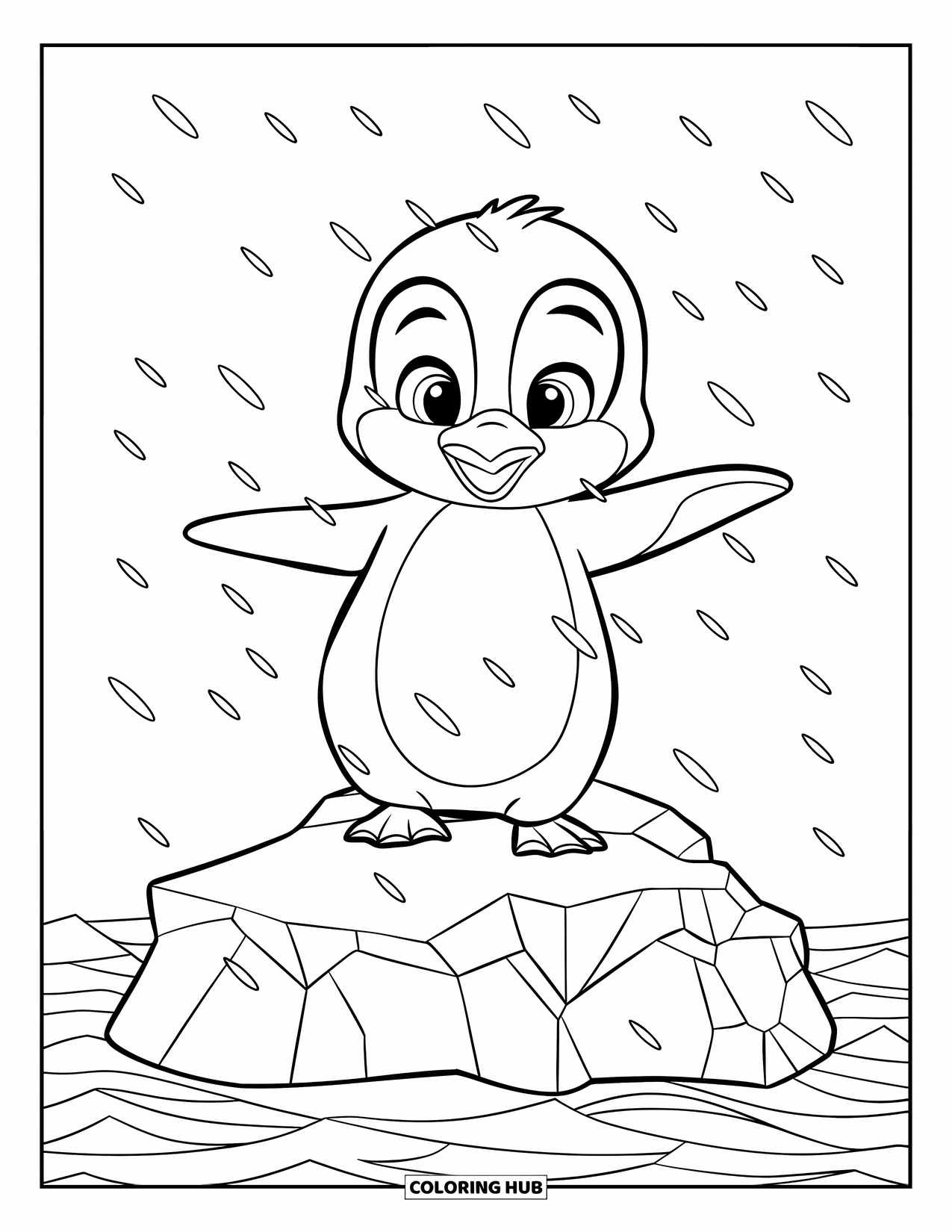 Kolorowanka z małym pingwinkiem dla dzieci: Mały pingwinek stoi dumnie na górze lodowej, ciesząc się opadami śniegu, gdy fale rozbijają się poniżej