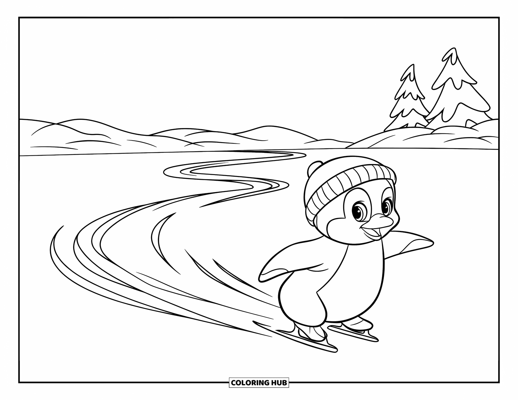 Kolorowanka dla dzieci: Mały pingwinek wiruje na lodzie, balansując z maleńkim kapelusikiem, a w oddali stoją drzewa