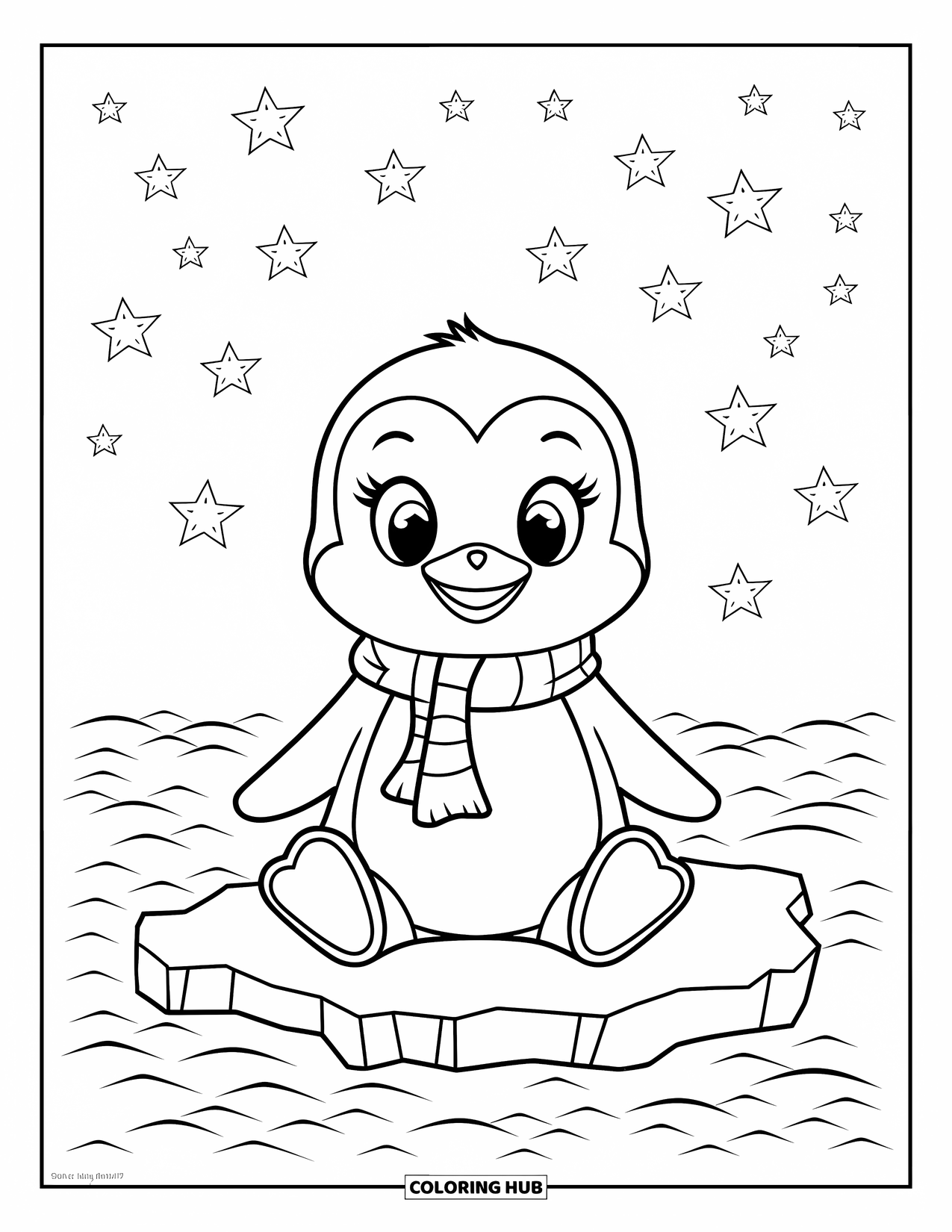 Kolorowanka z małym pingwinkiem dla dzieci: Mały pingwinek w szaliku, siedzi na lodzie w oceanie pod niebem pełnym gwiazd