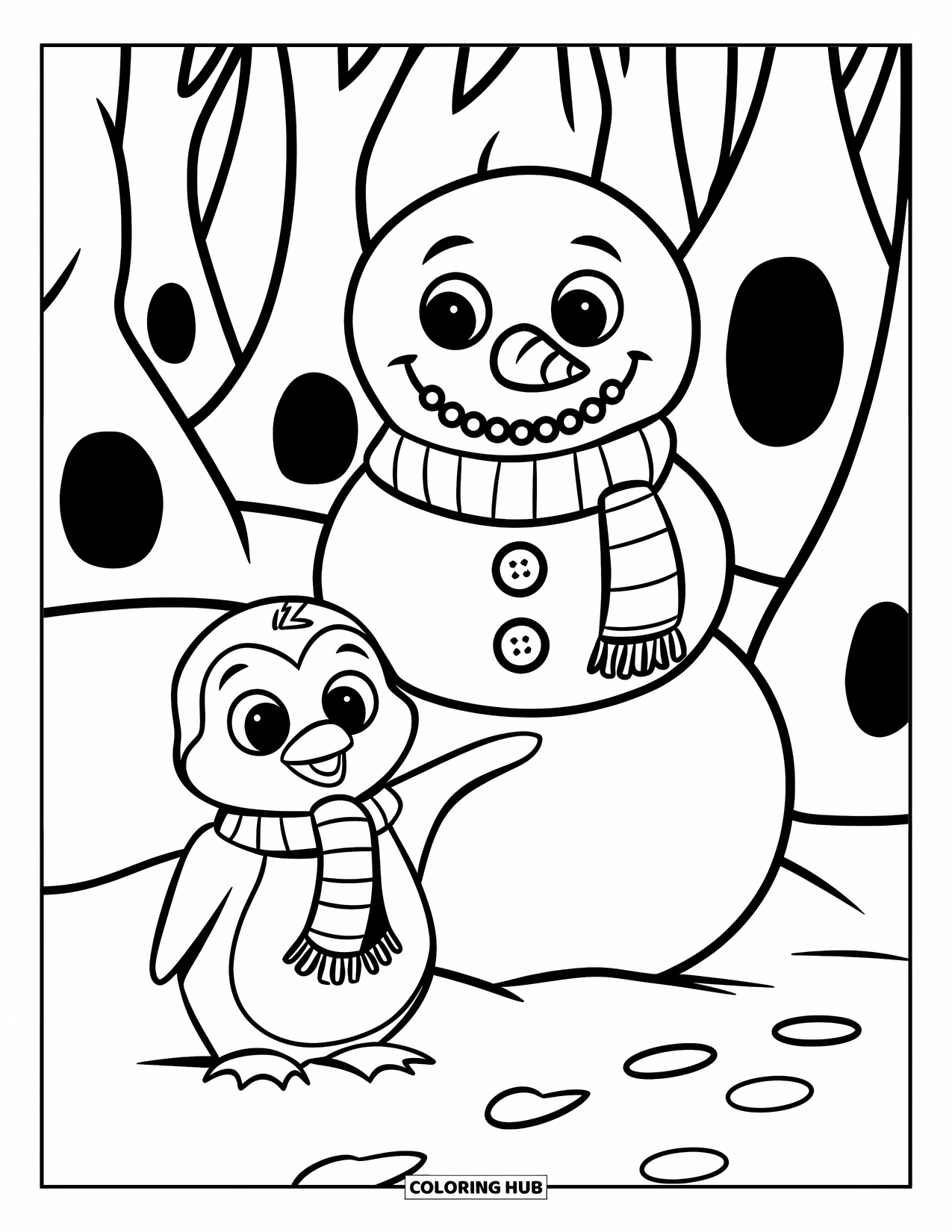 Kolorowanka z małym pingwinkiem dla dzieci: Mały pingwinek w pasiastym szaliku stoi obok bałwana z guziczkowym uśmiechem