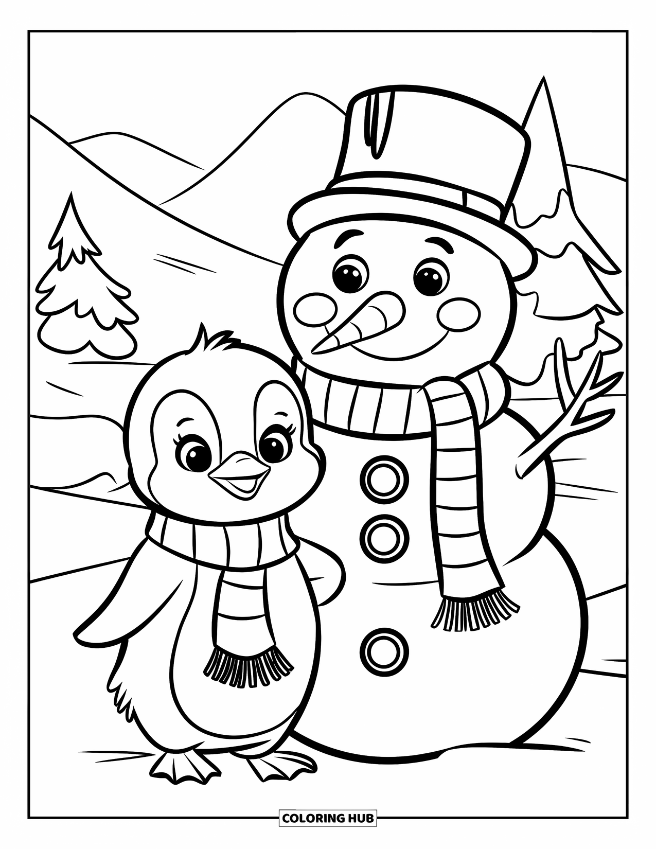 Kolorowanka z małym pingwinkiem dla dzieci: Mały pingwinek w pasiastym szaliku stoi obok uśmiechniętego bałwana na śniegu