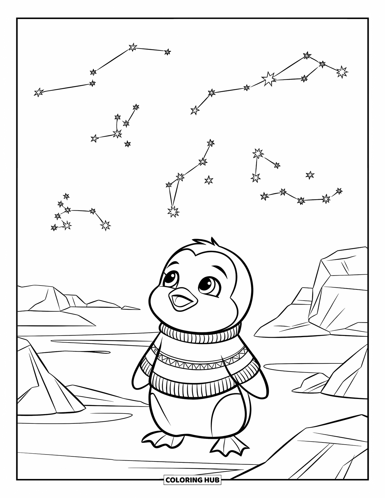 Kolorowanka z małym pingwinkiem dla dzieci: Mały pingwinek w pasiastym swetrze, pod rozgwieżdżonym niebem nad lodowym terenem