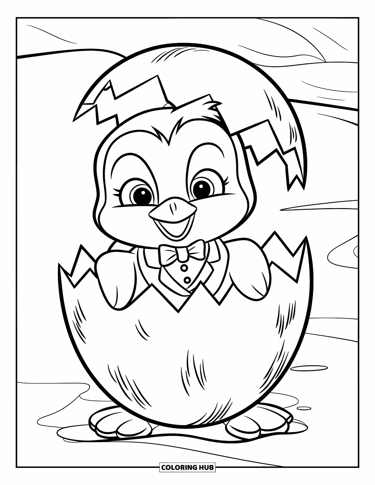 Kolorowanka z małym pingwinkiem dla dzieci: Mały pingwinek w małym smokingu, wyłania się z pękniętej skorupki jajka na śnieżnym podłożu