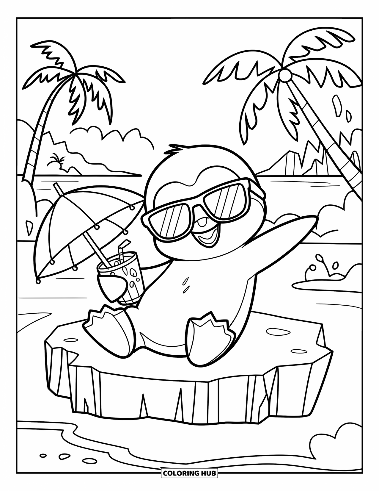 Kolorowanka z małym pingwinkiem dla dzieci: Mały pingwinek w okularach przeciwsłonecznych, wyleguje się na krze lodowej z parasolem i drinkiem