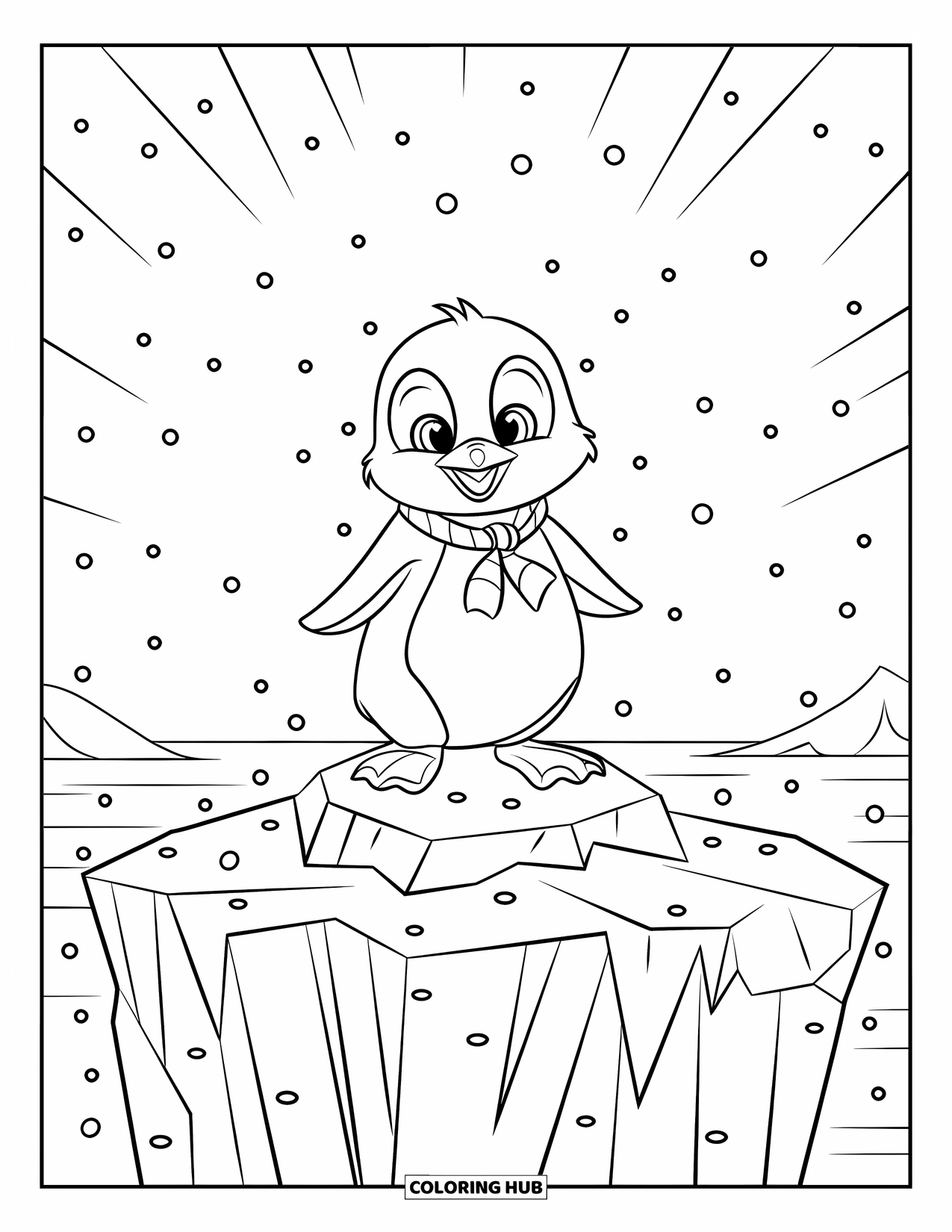 Kolorowanka z małym pingwinkiem dla dzieci: Mały pingwinek z puszystym ciałkiem i szalikiem stoi na górze lodowej podczas padającego śniegu