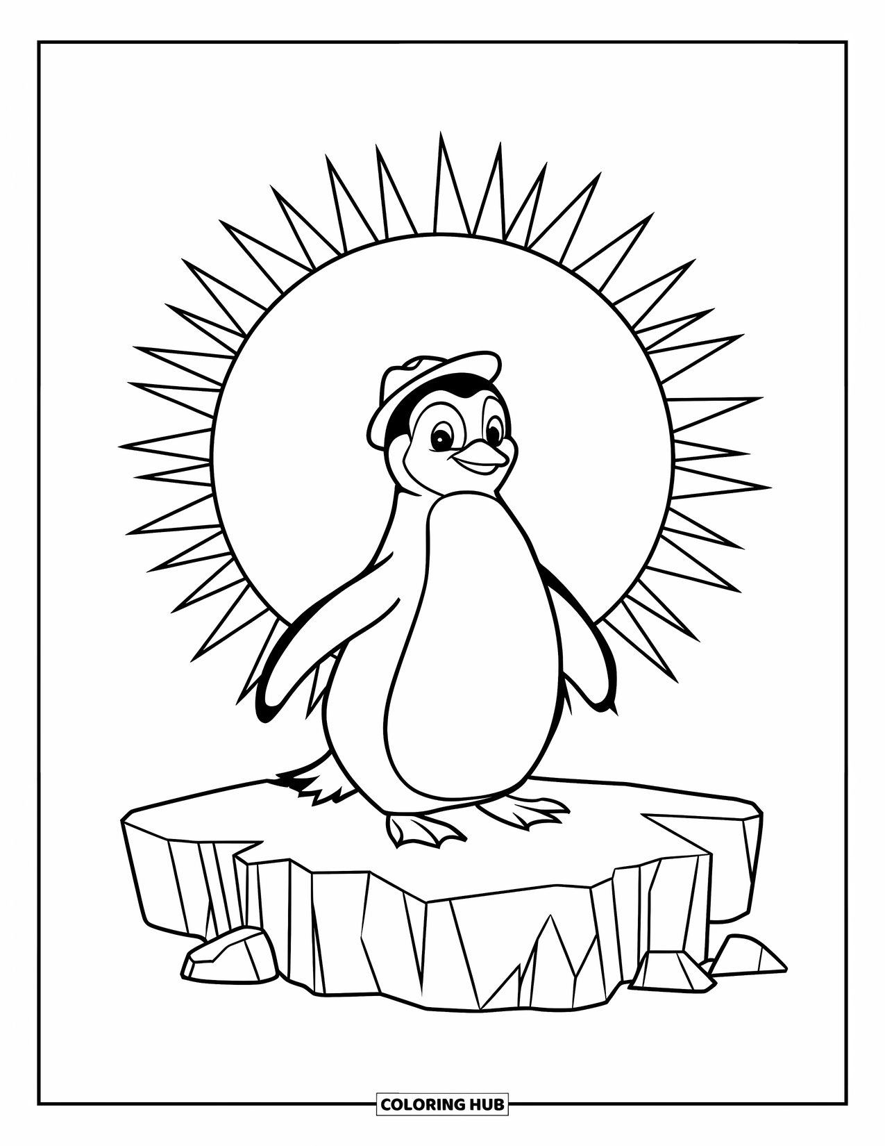 Kolorowanka z małym pingwinkiem dla dzieci: Mały pingwinek z okrągłym ciałkiem i małą czapeczką stoi na lodzie, wpatrując się w słońce