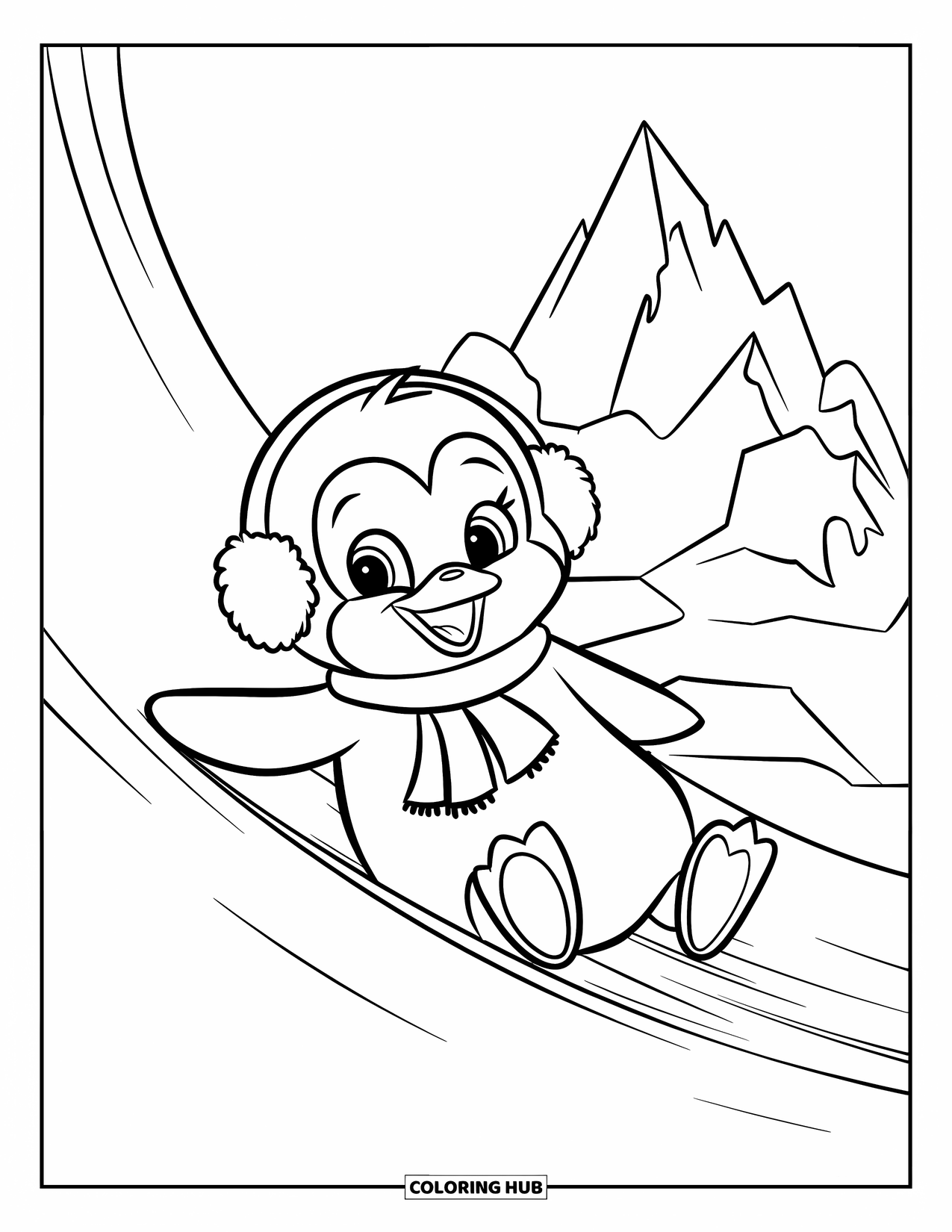 Kolorowanka z małym pingwinkiem dla dzieci: Mały pingwinek pędzi w dół śnieżnego wzgórza, a jego szalik trzepocze podczas zjazdu