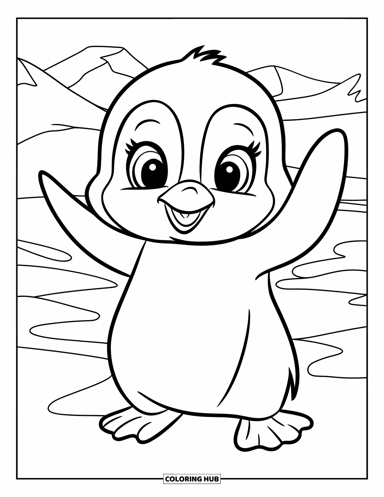 Kolorowanka z małym pingwinkiem dla dzieci: Uroczy mały pingwinek stoi na śniegu, machając płetwami z górami w tle