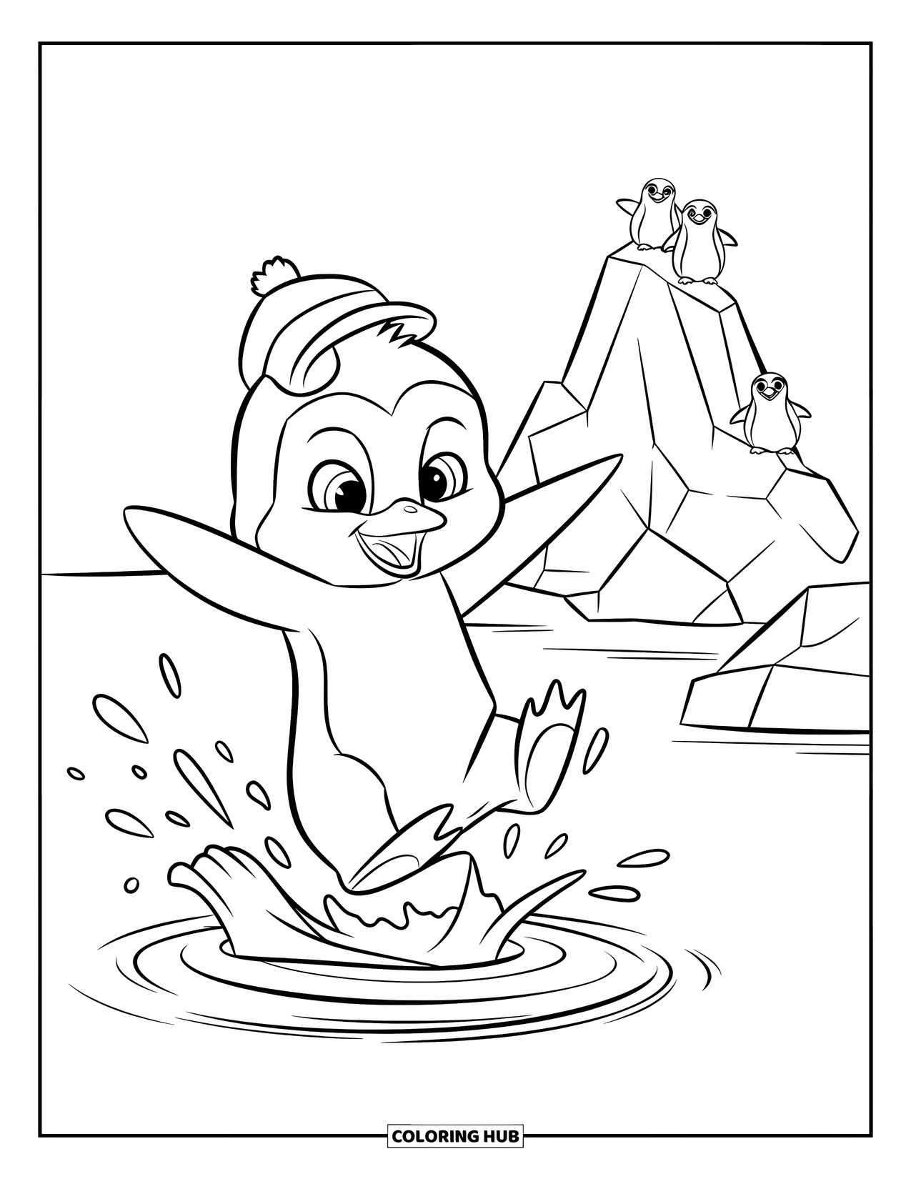 Kolorowanka z małym pingwinkiem dla dzieci: Figlarny mały pingwinek skacze do wody, tworząc fale z górą lodową w tle