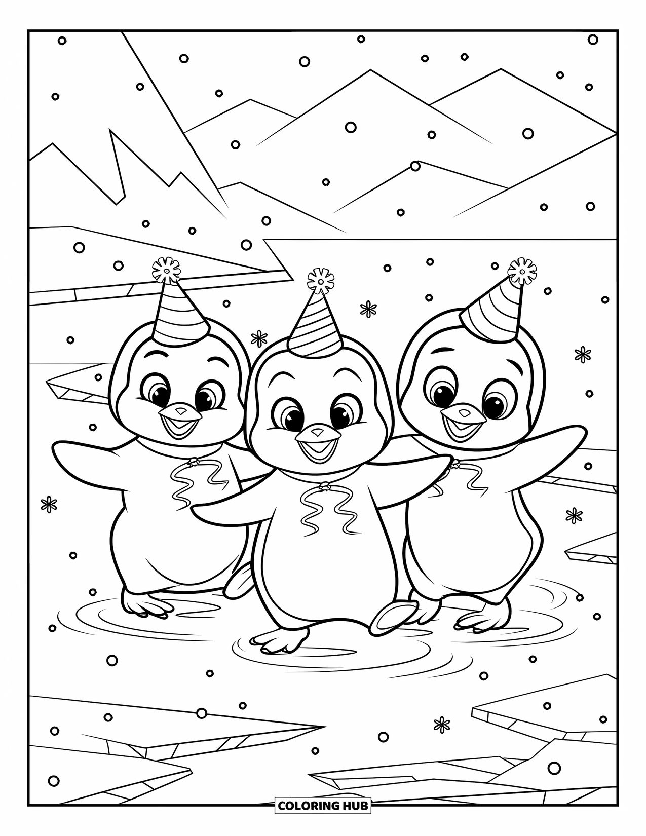 Kolorowanka z małym pingwinkiem dla dzieci: Trzy małe pingwinki tańczą na zamarzniętym jeziorze z drobnymi płatkami śniegu i pęknięciami lodu wokół nich