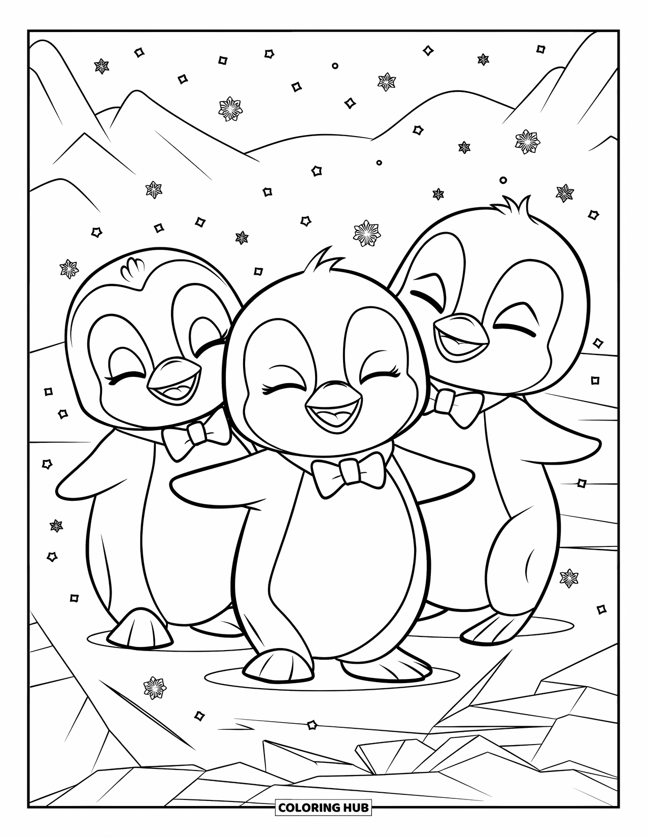 Kolorowanka z małym pingwinkiem dla dzieci: Trzy małe pingwinki radośnie tańczą na lodzie, a ich smokingi trzepoczą, gdy padają płatki śniegu