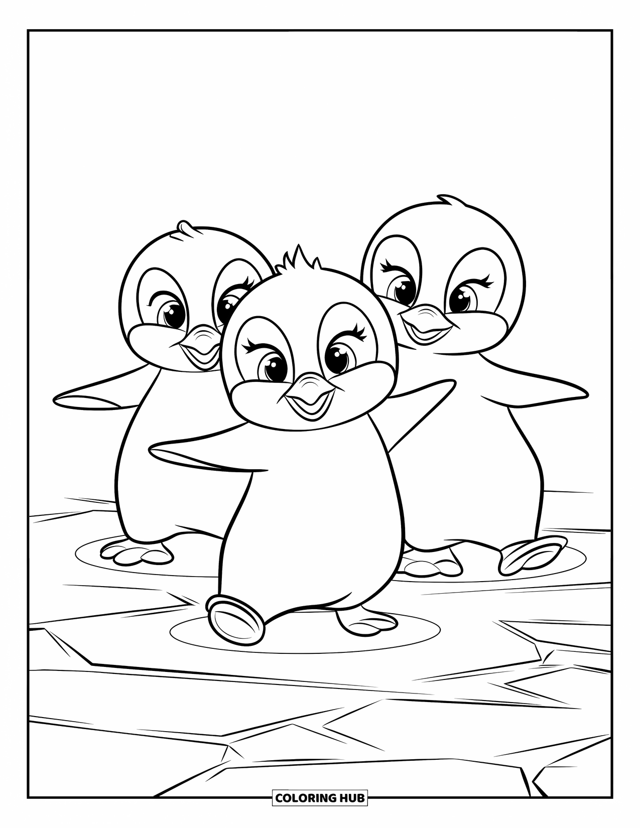 Kolorowanka z małym pingwinkiem dla dzieci: Trzy małe pingwinki wirują na lodzie, a ich małe stópki podnoszą drobne płatki śniegu