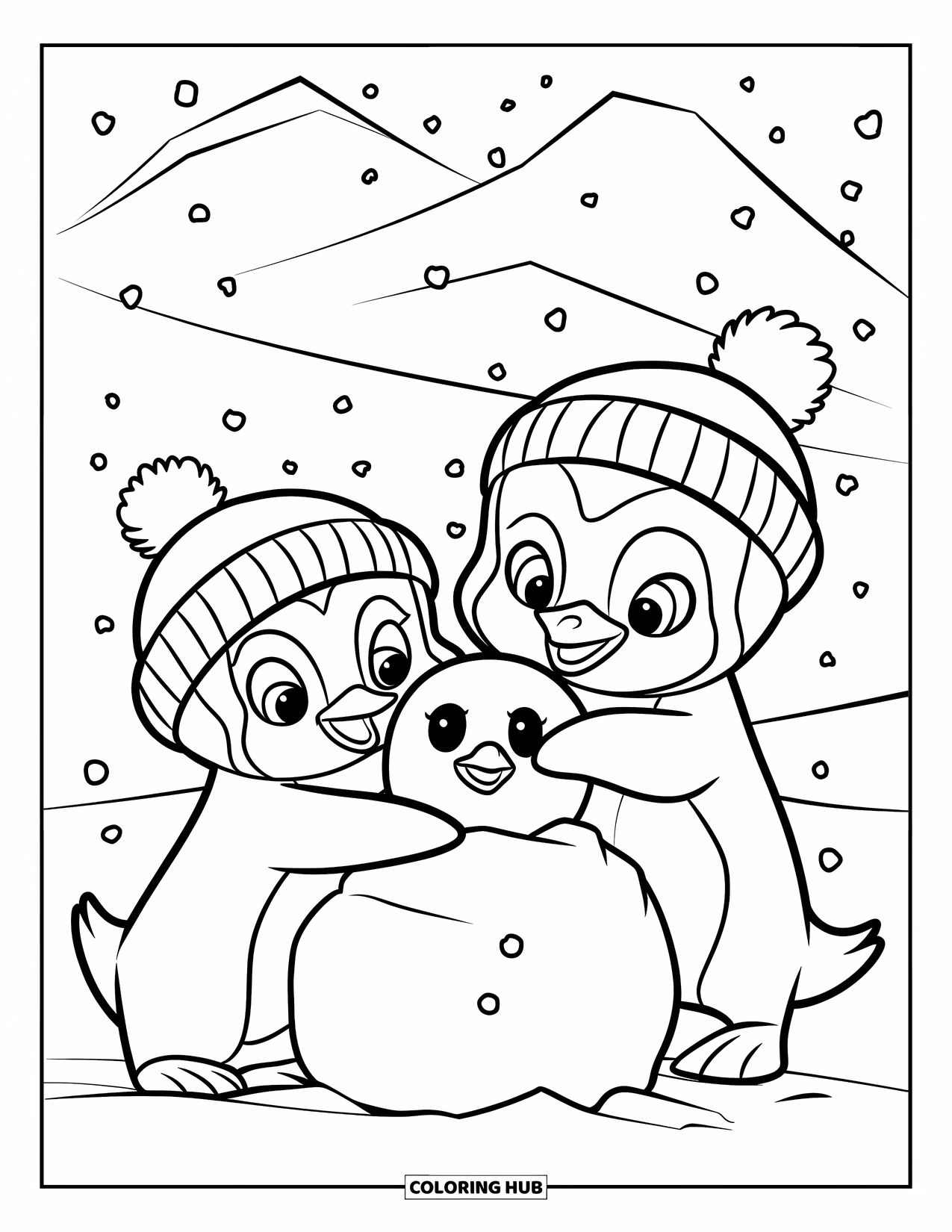 Kolorowanka z małym pingwinkiem dla dzieci: Dwa małe pingwinki budują razem bałwana, gdy wokół nich unoszą się delikatne płatki śniegu