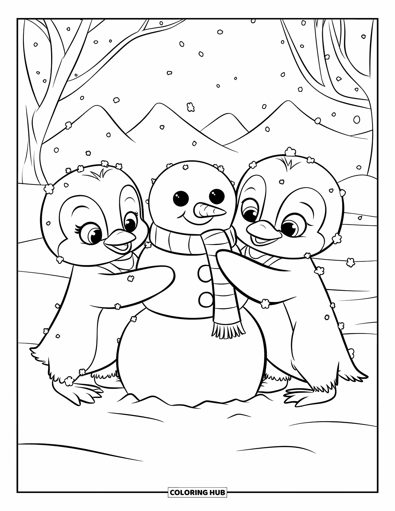 Kolorowanka z małym pingwinkiem dla dzieci: Dwa małe pingwinki budują bałwana, nosząc szaliki, gdy wokół nich delikatnie padają płatki śniegu