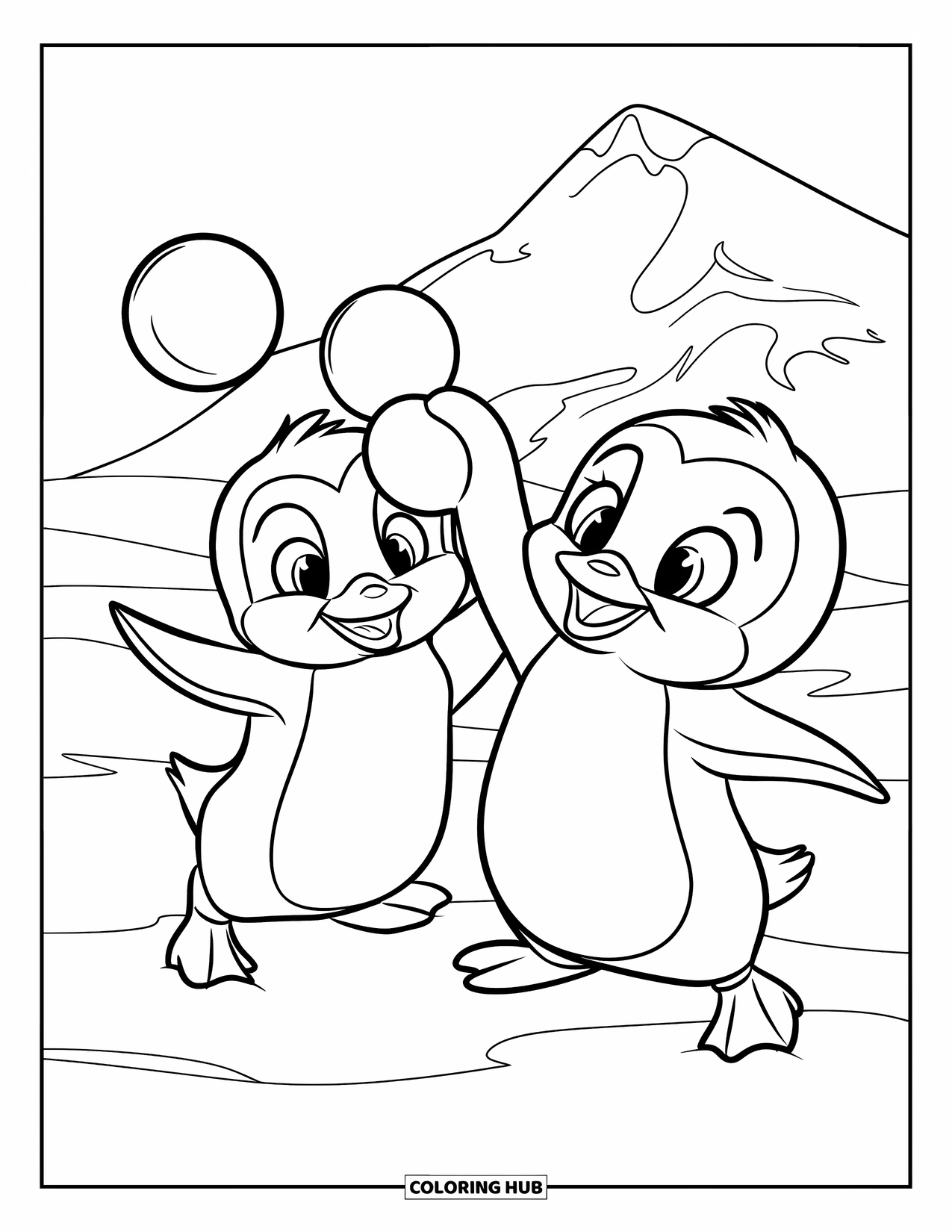 Kolorowanka z małym pingwinkiem dla dzieci: Dwa małe pingwinki w przyjaznej bitwie na śnieżki, chichoczą, gdy wokół nich wirują płatki śniegu