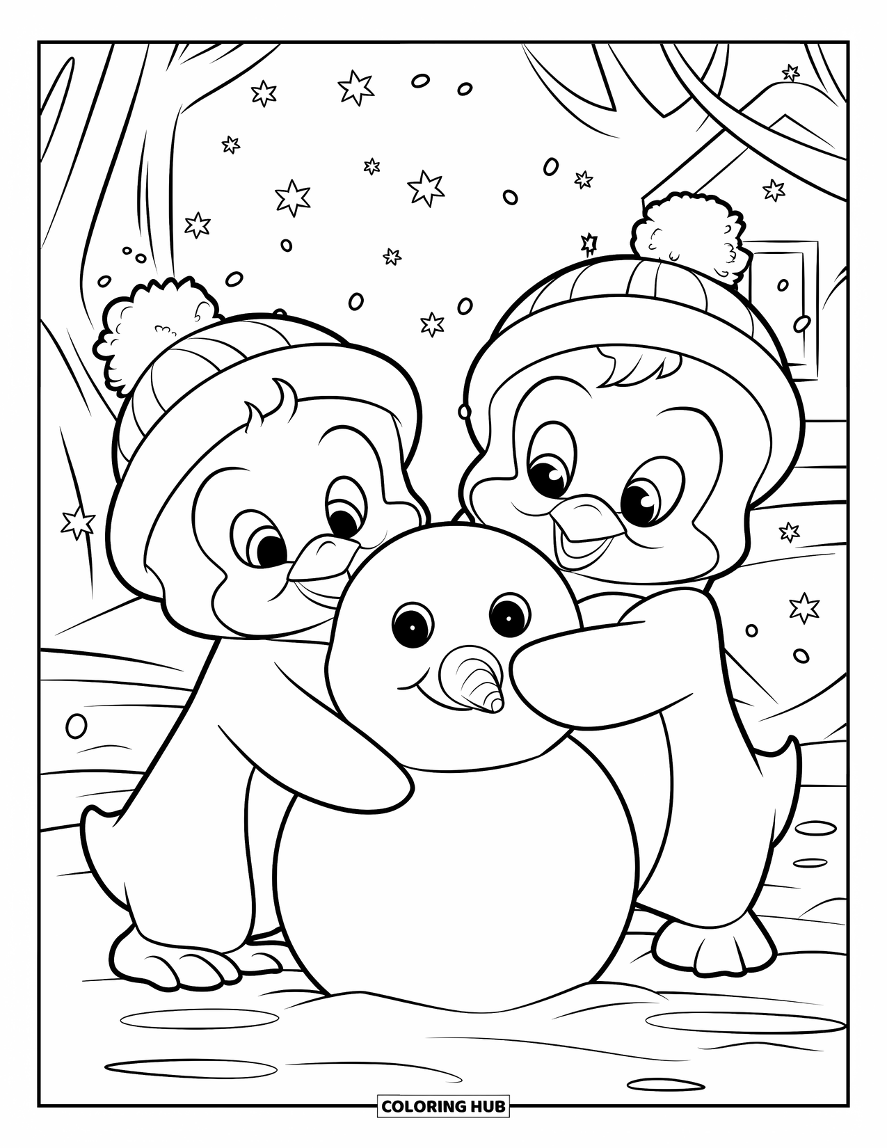 Kolorowanka z małym pingwinkiem dla dzieci: Dwa małe pingwinki w małych czapeczkach toczą śnieg, aby zbudować wesołego bałwana na śniegu