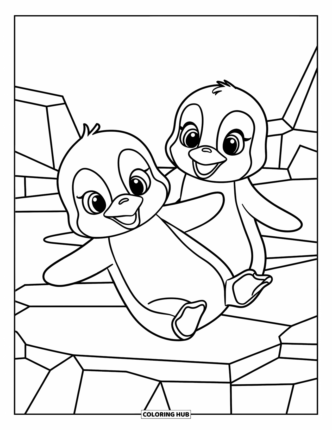 Kolorowanka z małym pingwinkiem dla dzieci: Dwa małe pingwinki radośnie ślizgają się po lodzie z radosną i figlarną atmosferą