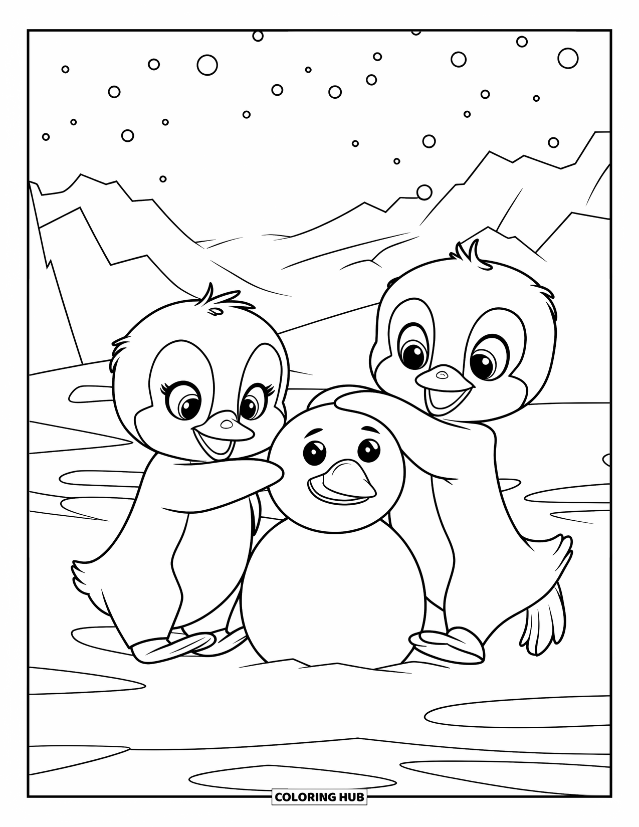 Kolorowanka z małym pingwinkiem dla dzieci: Dwa małe pingwinki formują bałwana, otoczone śnieżnymi górami i rześkim zimowym powietrzem