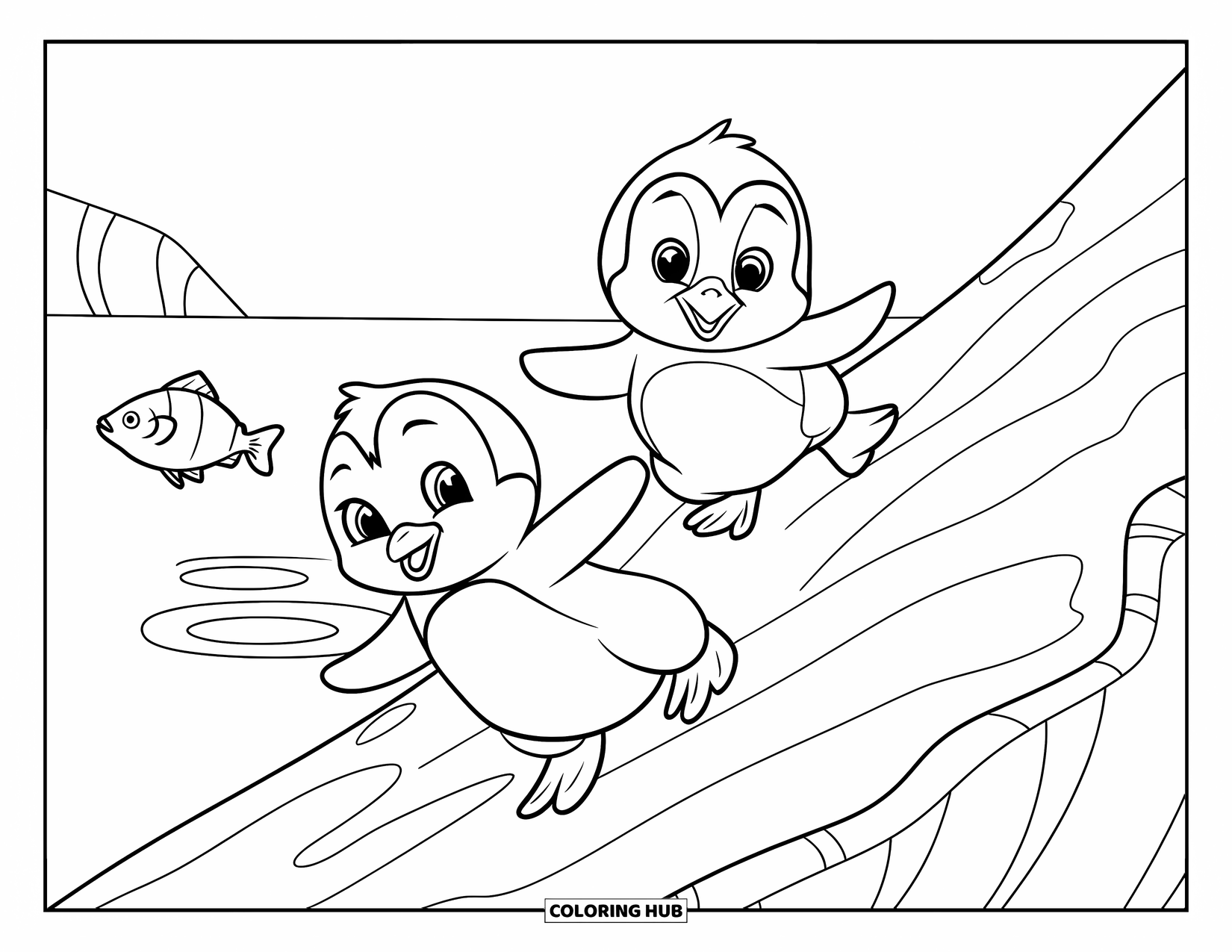 Kolorowanka z małym pingwinkiem dla dzieci: Dwa małe pingwinki zjeżdżają z lodowego zbocza z falującą wodą i rybą w pobliżu