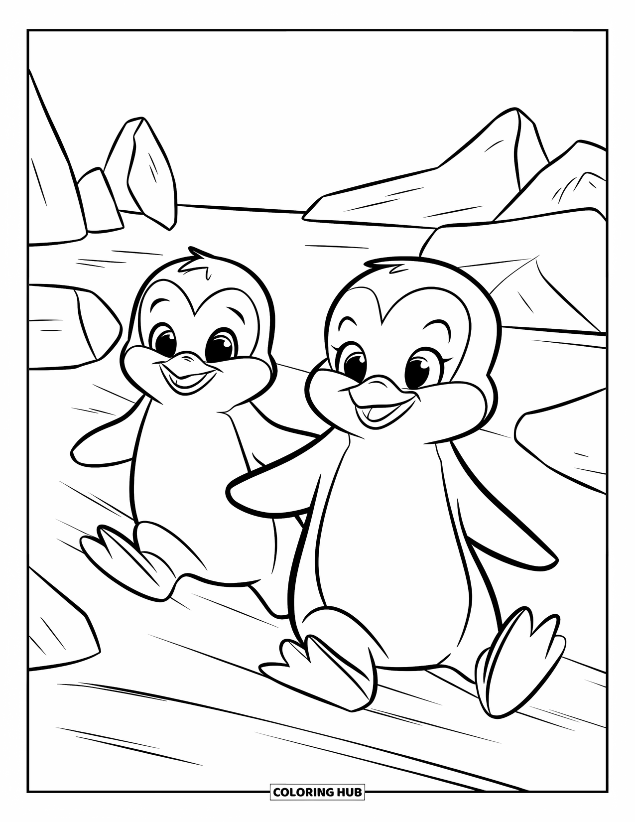 Kolorowanka z małym pingwinkiem dla dzieci: Dwa małe pingwinki radośnie ślizgają się po lodzie z kilkoma górami lodowymi w tle