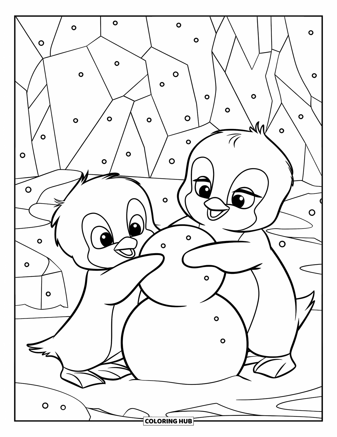 Kolorowanka z małym pingwinkiem dla dzieci: Dwa małe pingwinki układają kule śnieżne, a za nimi maszeruje grupa pingwinów