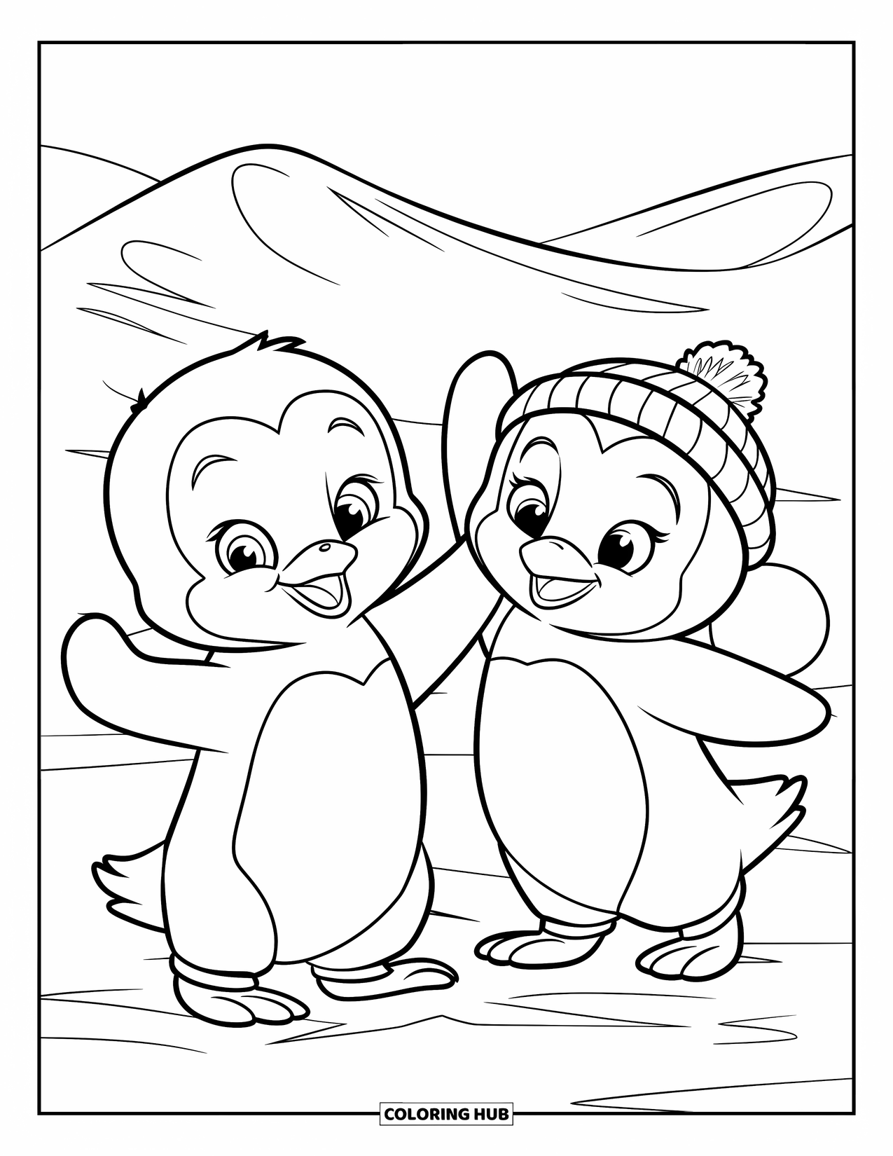 Kolorowanka z małym pingwinkiem dla dzieci: Dwa małe pingwinki rzucają się śnieżkami, jeden ma na sobie małą czapeczkę, a za nimi stoją ośnieżone góry