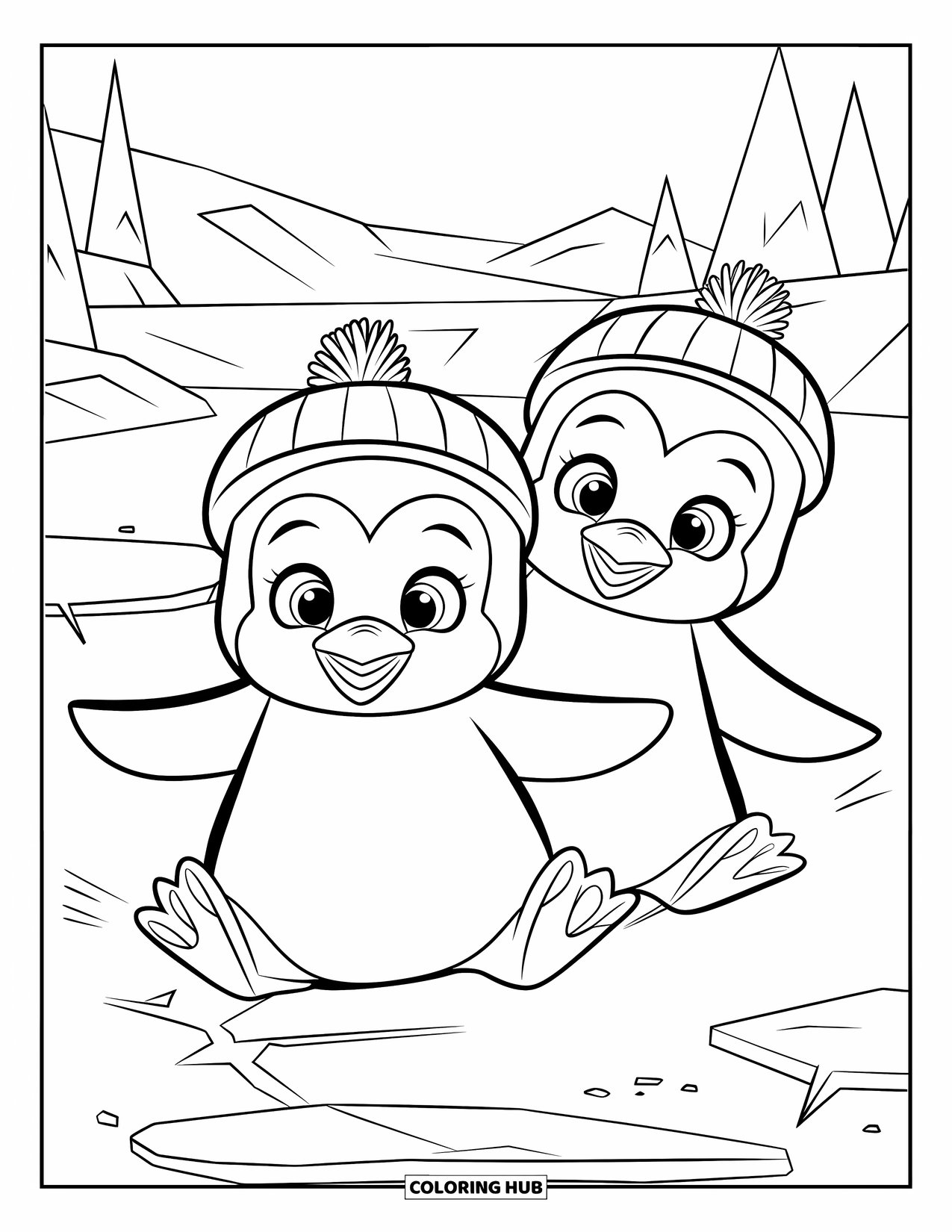 Kolorowanka z małym pingwinkiem dla dzieci: Dwa małe pingwinki w małych czapeczkach, radośnie ślizgają się po lodzie w śnieżnym krajobrazie