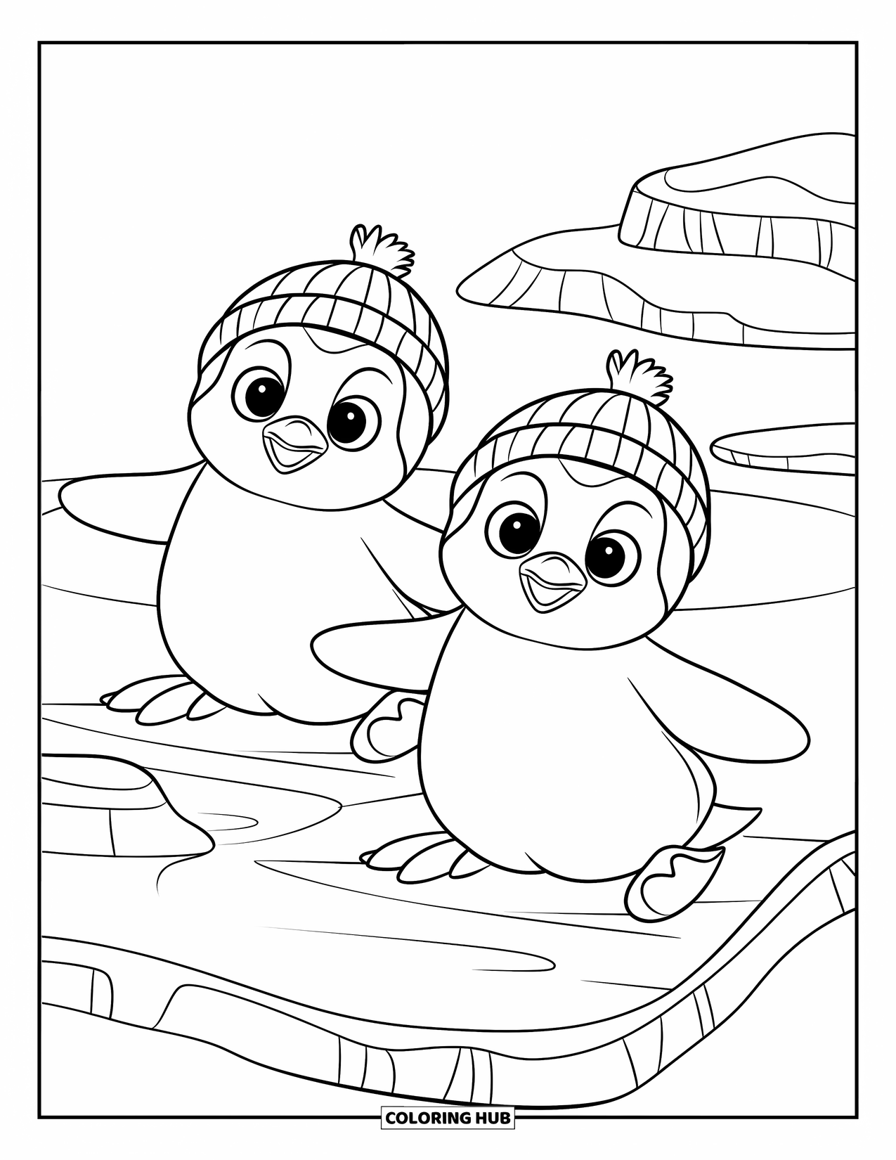 Kolorowanka z małym pingwinkiem dla dzieci: Dwa małe pingwinki w małych pasiastych czapkach ślizgają się po lodzie o zakrzywionych krawędziach