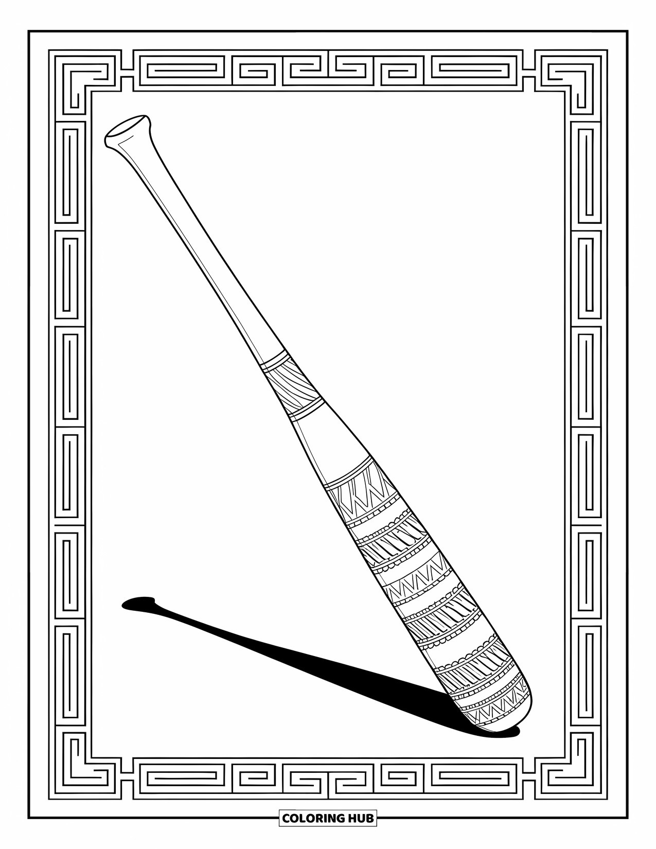 Desen de colorat cu baseball pentru adulți: O bâtă de baseball cu modele sculptate este încadrată de borduri elegante și modele geometrice delicate