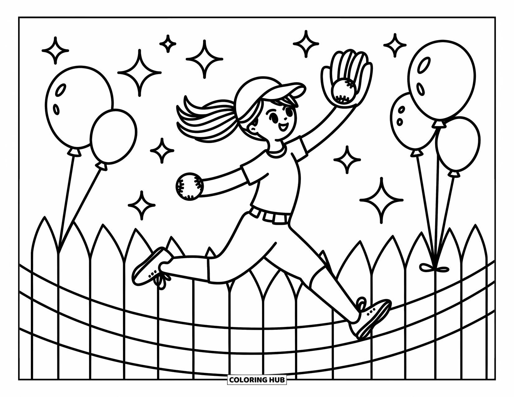 Desen de colorat cu baseball pentru adulți: O fată de baseball sare să prindă o minge cu sclipici și baloane în fundal