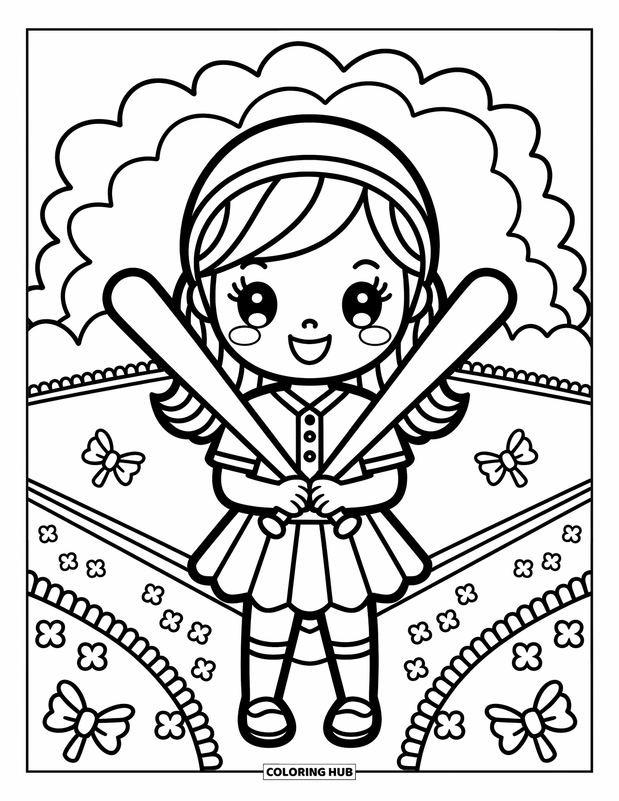 Desen de colorat cu baseball pentru adulți: O fată jucătoare de baseball cu un zâmbet larg ține două bâte încrucișate cu detalii jucăușe în jur