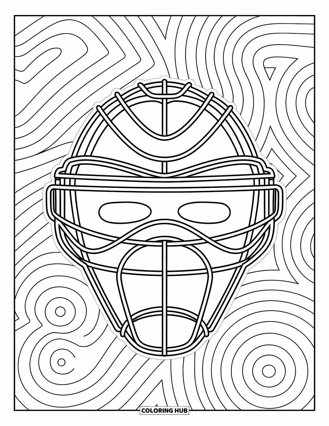 Desen de colorat cu baseball pentru adulți: O mască de catcher cu vârtejuri și modele complicate este încadrată de modele decorative detaliate