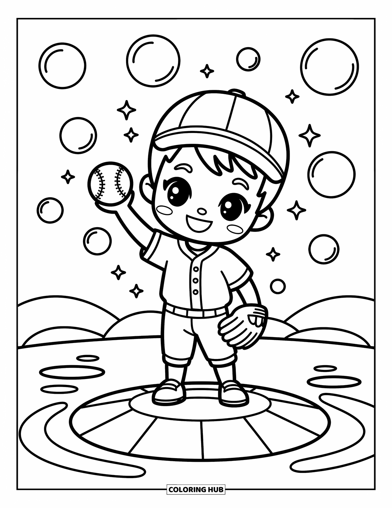 Desen de colorat cu baseball pentru adulți: Un băiat aruncător vesel ține o minge de baseball cu bule și stele plutind în jurul lui