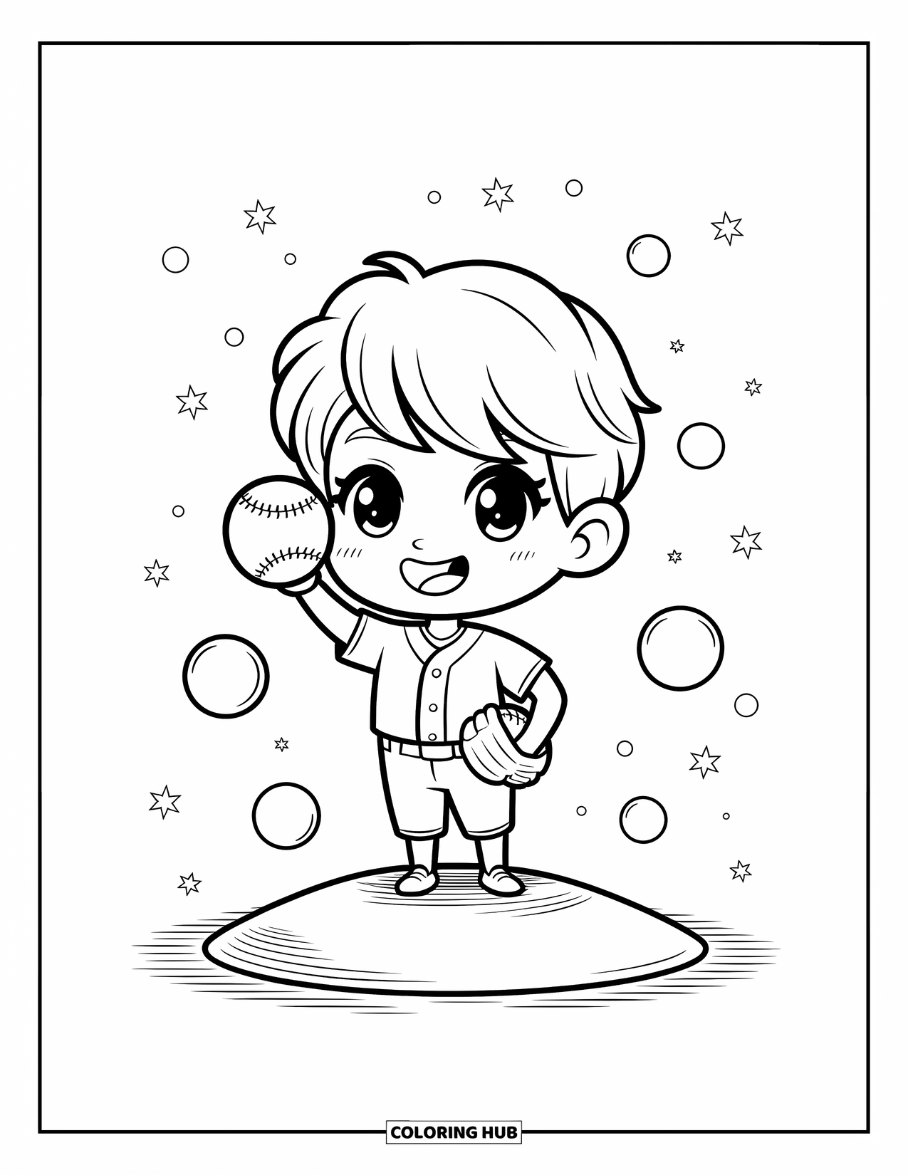 Desen de colorat cu baseball pentru adulți: Un băiat aruncător vesel stă ținând o minge de baseball cu bule și stele în jurul lui