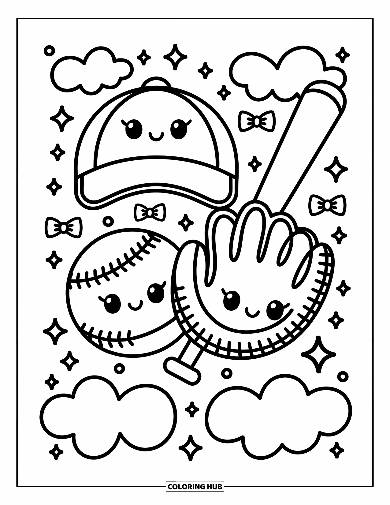 Desen de colorat cu baseball pentru adulți: O șapcă, o mănușă și o bâtă vesele cu fețe fericite sunt înconjurate de stele mici și sclipici