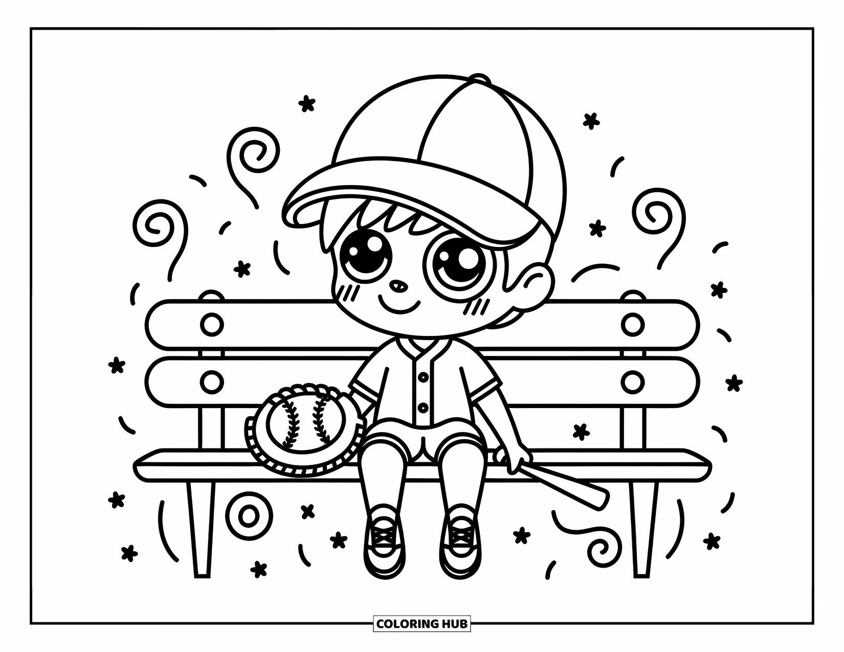 Desen de colorat cu baseball pentru adulți: Un băiat chibi, jucător de baseball, stă pe o bancă cu mănușa și bâta lângă el