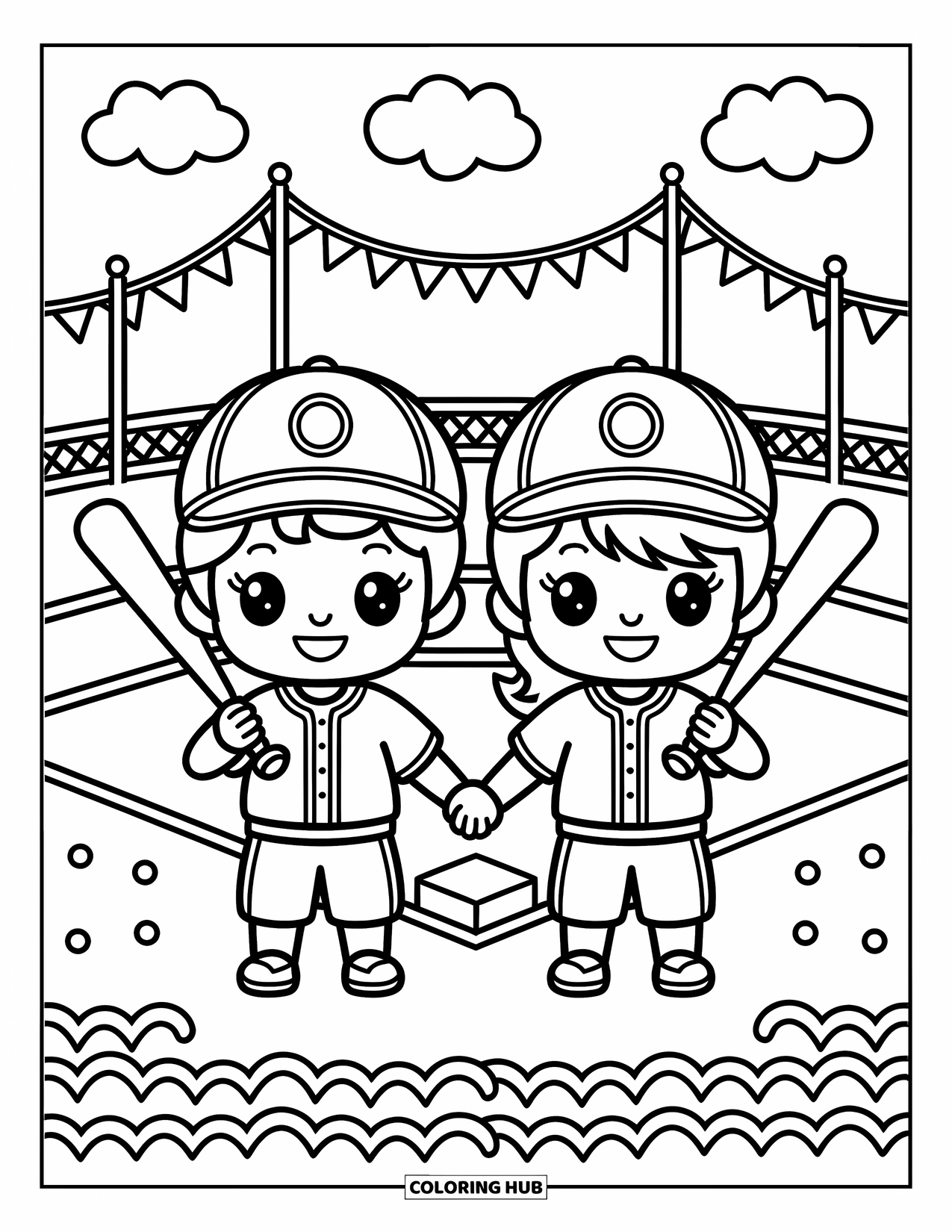 Desen de colorat cu baseball pentru adulți: Un băiat și o fată chibi în uniforme de baseball stau ținându-se de mână cu bâte peste umeri