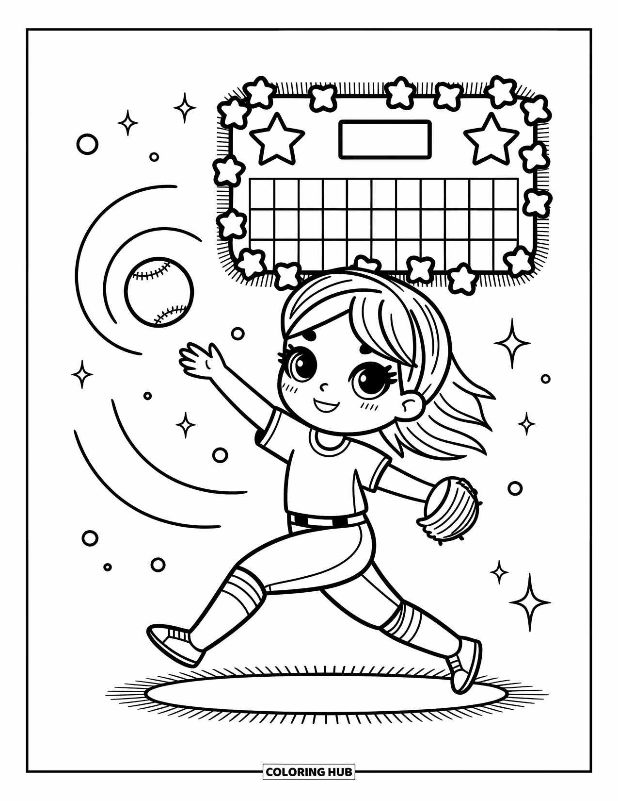 Desen de colorat cu baseball pentru adulți: O fată chibi, aruncătoare, aruncă o minge cu sclipiri, bule și un panou de marcaj înstelat în spatele ei