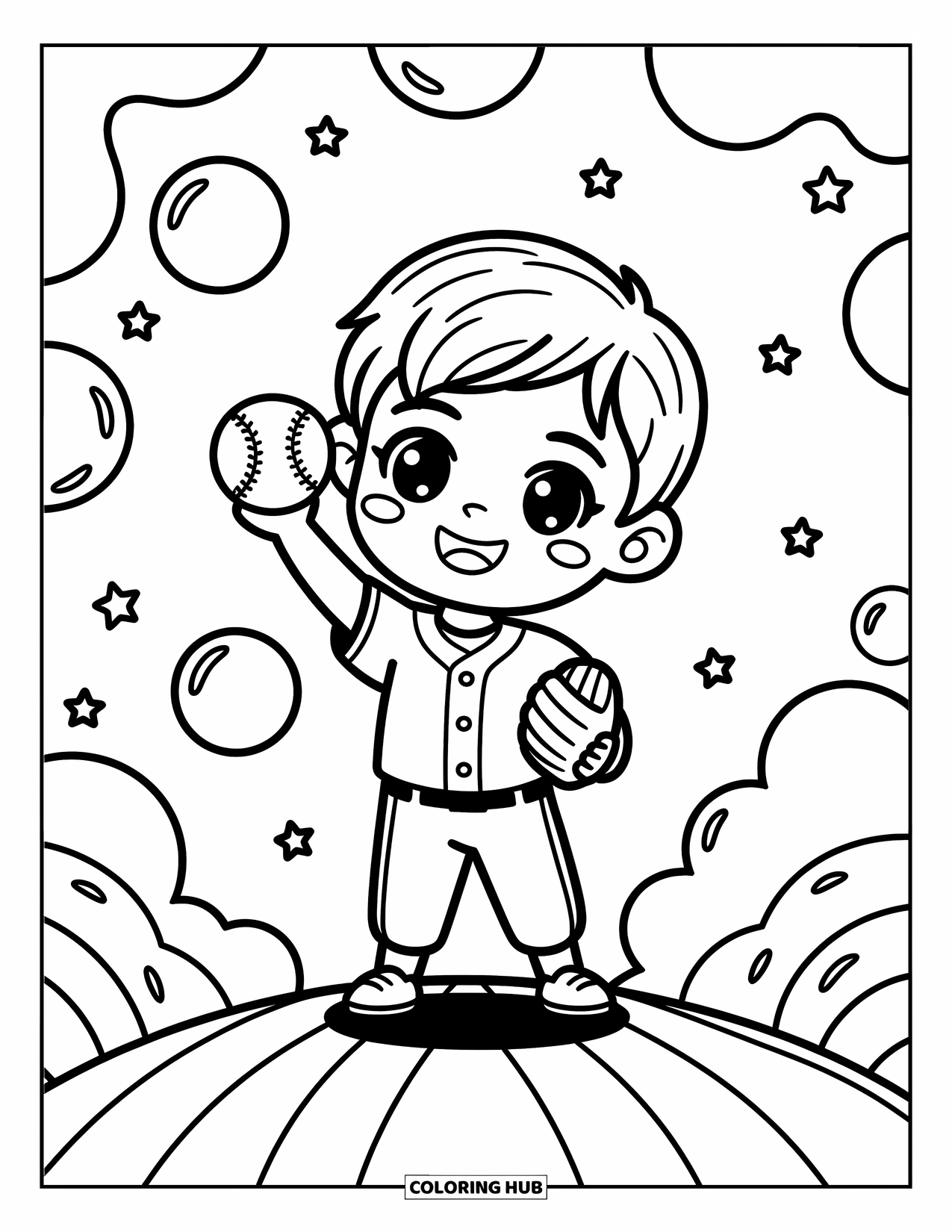 Desen de colorat cu baseball pentru adulți: Un băiat chibi, aruncător, stă pe un movilă ținând o minge de baseball cu un ochi jucăuș