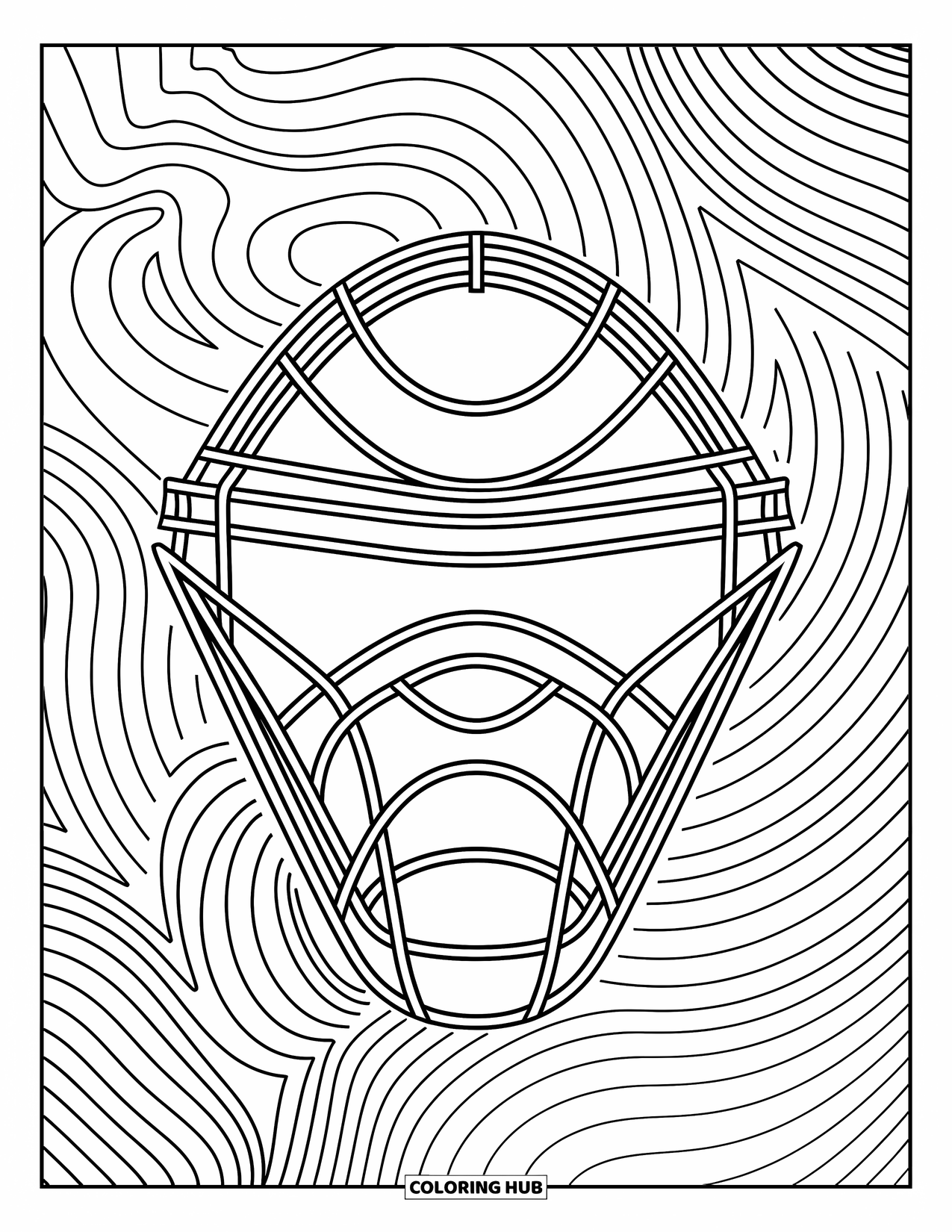 Desen de colorat cu baseball pentru adulți: Un prim-plan al unei măști de catcher este înconjurat de vârtejuri ornamentate și modele geometrice elegante