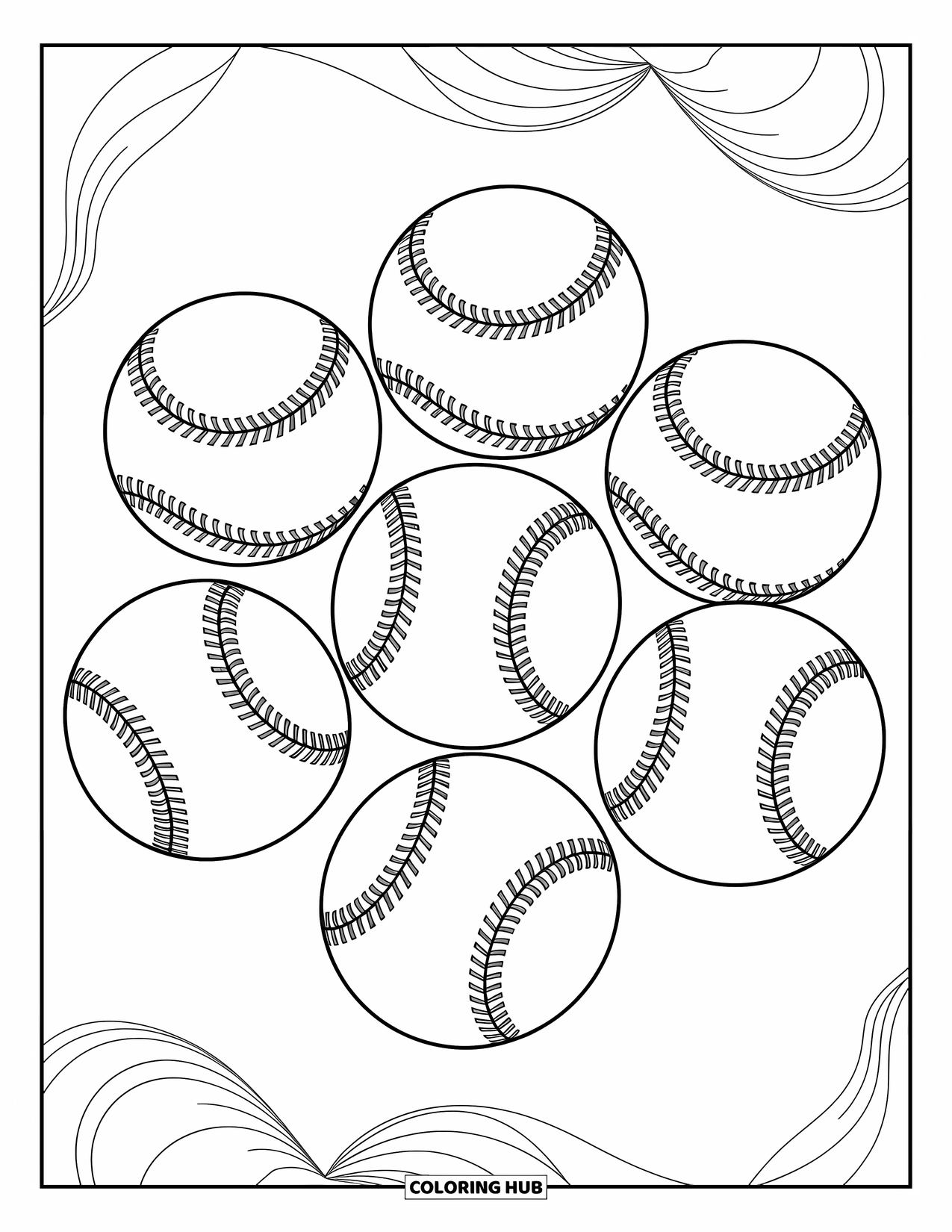 Desen de colorat cu baseball pentru adulți: O colecție de mingi de baseball cu cusături detaliate este încadrată de modele vârtejite și forme geometrice